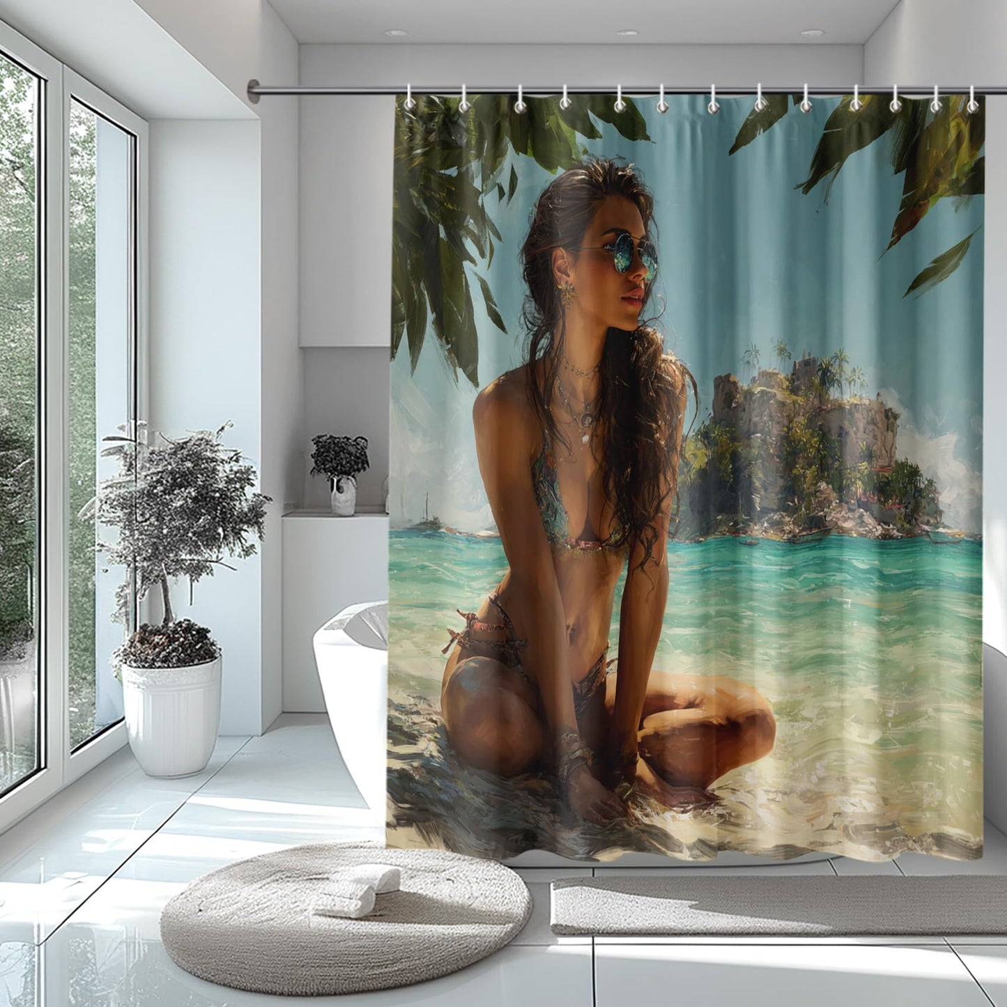 Tropical Shower Curtain Beach Seaside Bathroom Curtain Sexy Woman Shower Curtain with Hooks, Bathroom Decor, 36x72