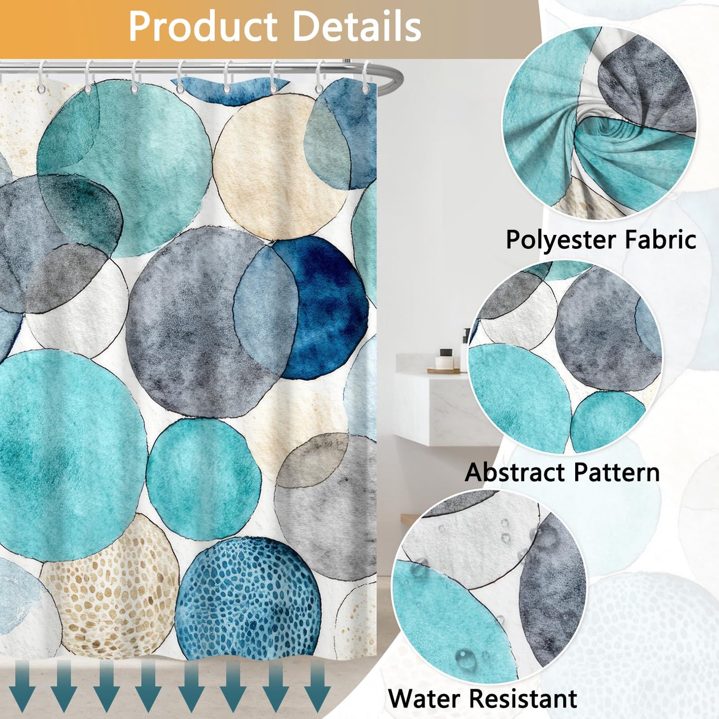 Watercolor Polka Dot Shower Curtain, Abstract Geometric Colorful Circles Bathroom Curtains, Hotel Style Polyester Fabric Shower Curtain, Waterproof Washable with Hooks, 72x72 Inch, Teal and Aqua Blue