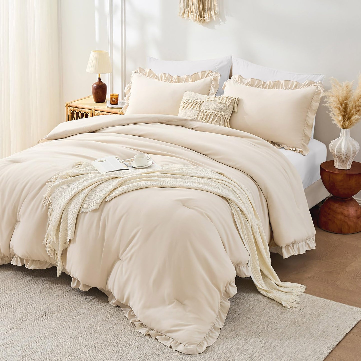 FUANNA Queen Comforter Set Oatmeal, 3 Pieces Ruffle Queen Bed Set, Fluffy Bed in a Bag Queen for All Seasons, Shabby Chic Bedding Comforter Sets with 1 Lightweight Comforter & 2 Pillowshams