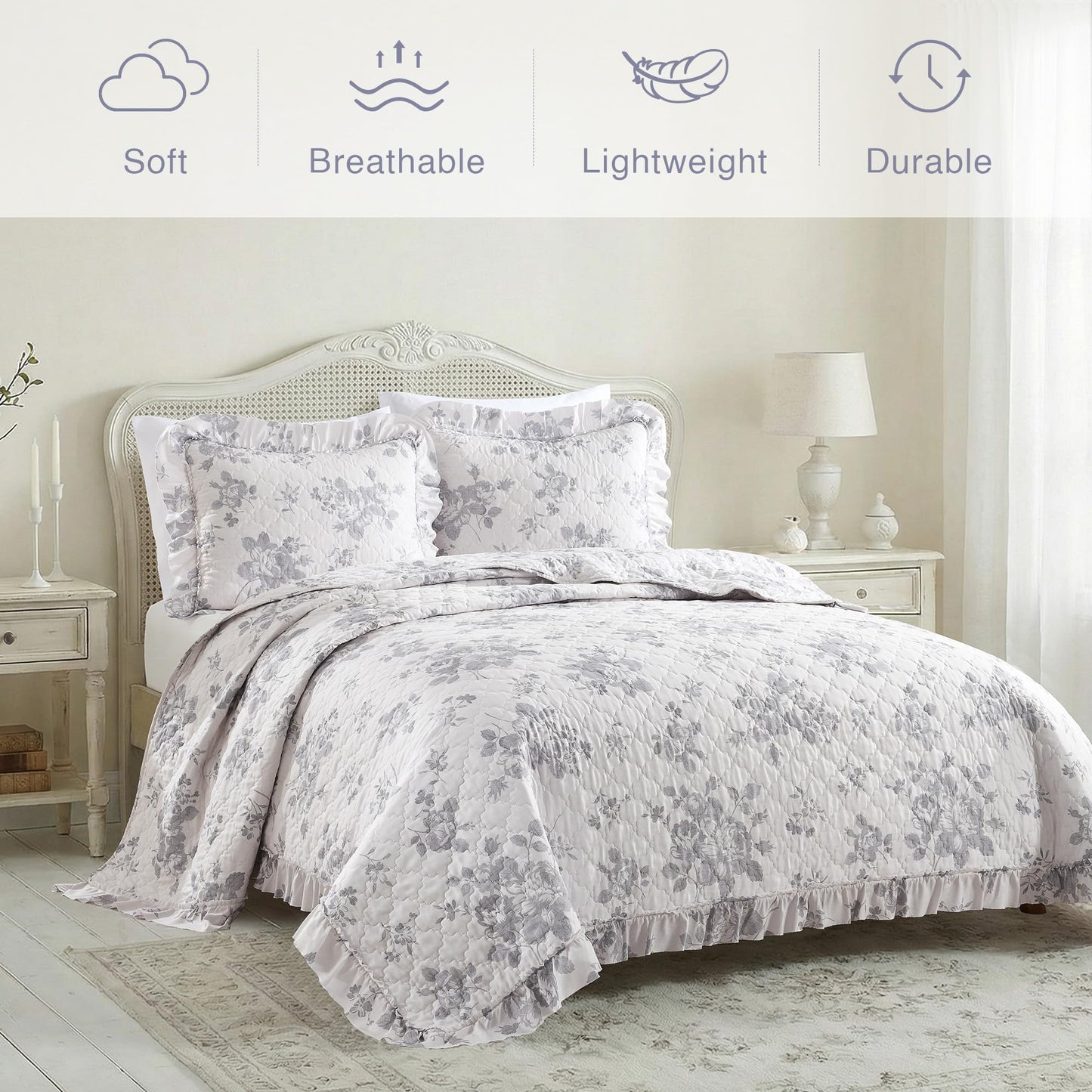 HORIMOTE HOME Greyish Blue Ruffled Quilt King Size with 2 Pillow Shams, Shabby Chic Reversible Floral Bedspread Coverlet, Soft Lightweight Comforter Bed Cover for All Season, 3 Pieces, 106x96 inches