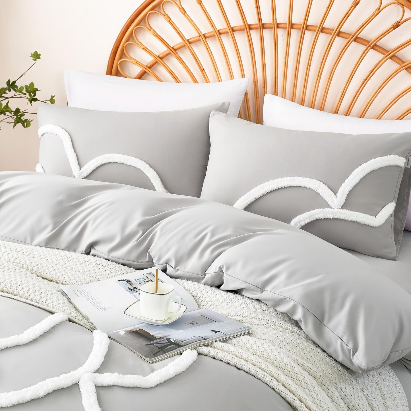 Ubo&Heng'er Duvet Cover Queen Size, 3 Pieces Duvet Covers Set, Boho Tufted Comforter Sets with Zipper Closure, Soft Breathable Floral Bedding Set for All Seasons(Grey, Queen, 90"x90")