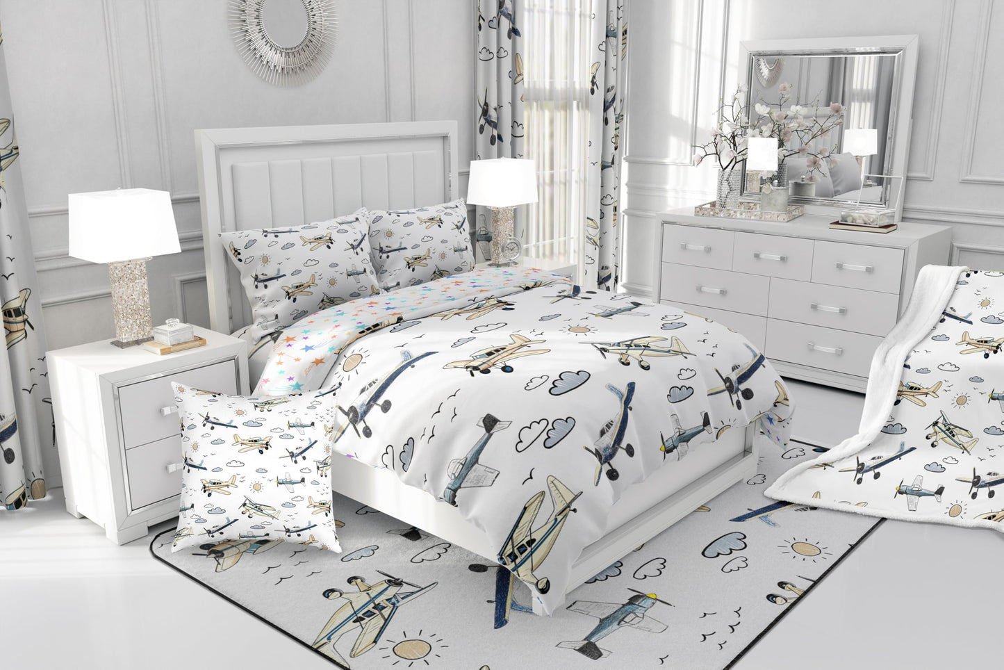 Manfei Kids Airplane Kids Comforter Full,Toddler Cartoon Plane Bedding Set for Teens Youth Children Men,Boys Teens Airplane Reversible Quilt Sets,Aviation Theme Bedding Comforter Set