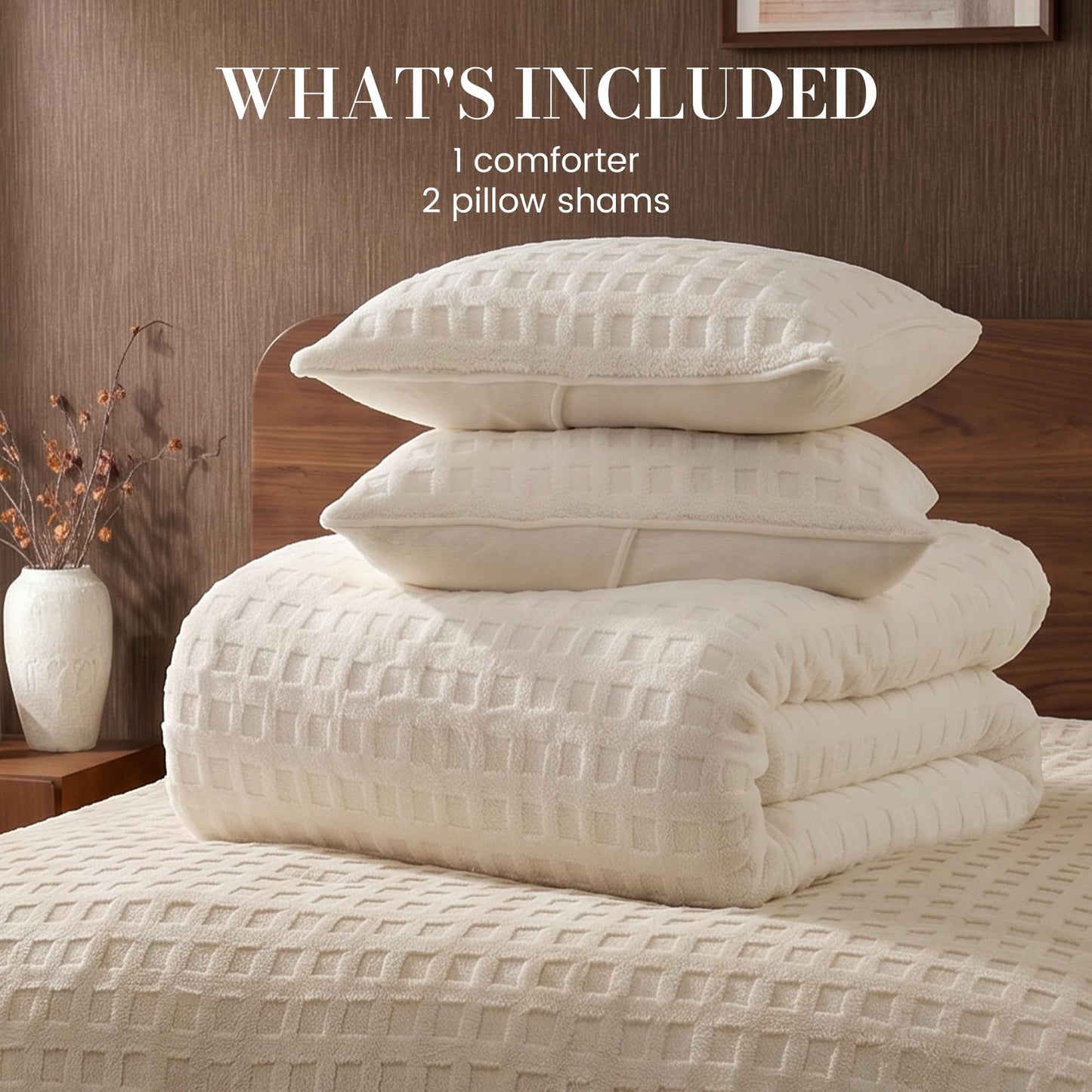 Amélie Home Fleece Comforter Set Size, Beige Waffle Textured Fleece Comforter Set, Super Warm Fluffy Plush Bedding Set, 3 Pieces,1 Cozy Comforter and 2 Pillowcases