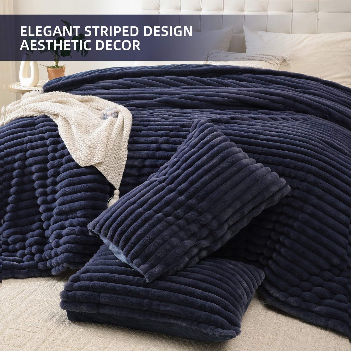Smoofy Fluffy King Size Comforter Set 3 Pieces - Navy Blue Fleece Fluffy Comforter Set, Luxury Fuzzy King Bedding Set, Soft King Bed Set All Season, Heavy Faux Fur Comforter with 2 Pillow Cases