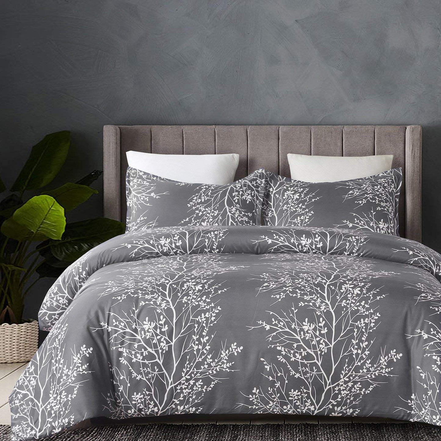 Vaulia Soft Microfiber Duvet Cover King Size, Grey and White Floral Branches Printed Pattern 3-Piece Set (1 Duvet Cover 2 Pillow Shams)