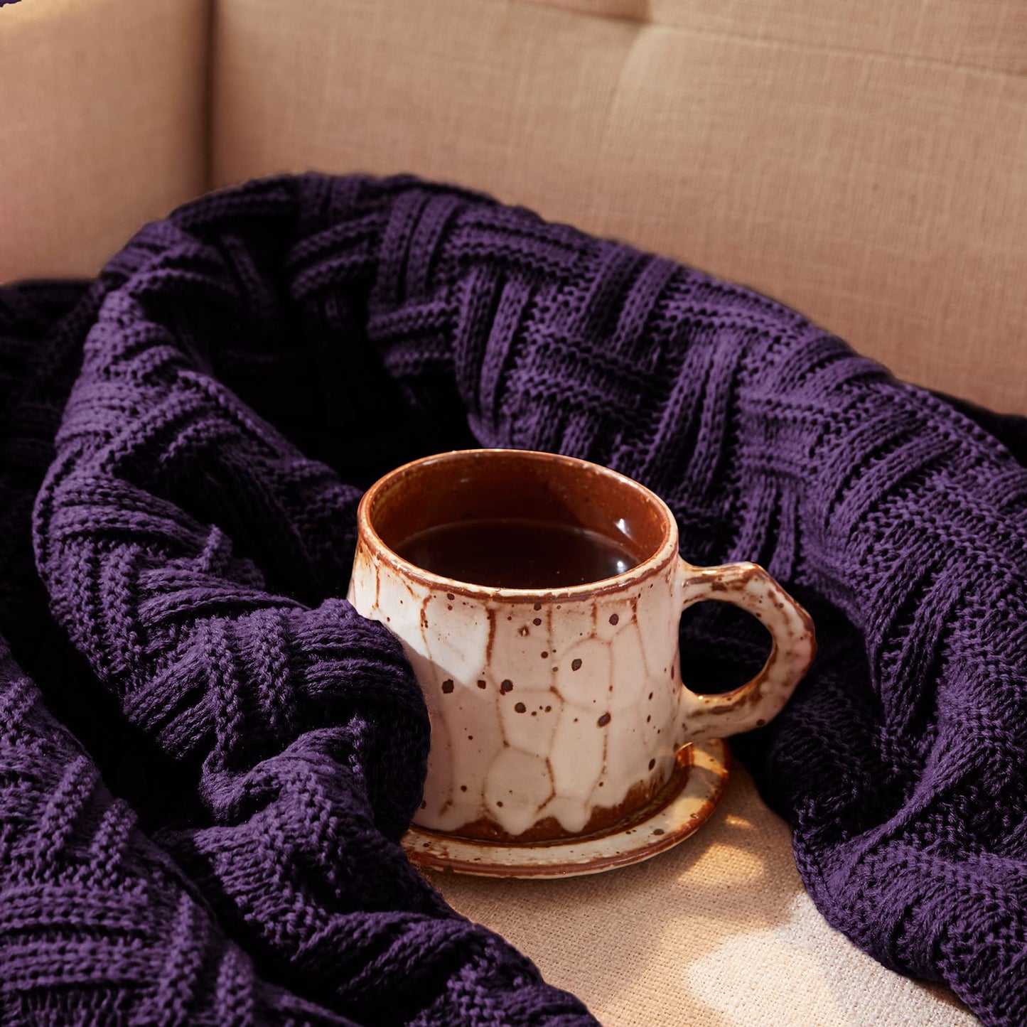 Aormenzy 60x80 Cozy Acrylic Cable Knit Blanket for Couch, Sofa, Bed - Dark Purple