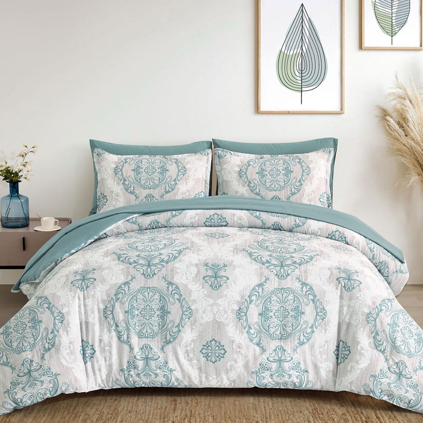 WONGS BEDDING Aqua Comforter Set Queen Size, Damask Texture 7 Pieces Bed in a Bag Microfiber Bohemian Comforter Bedding Sheet Set with Comforter, Flat Sheet, Fitted Sheet,Pillow Shams,Pillowcases