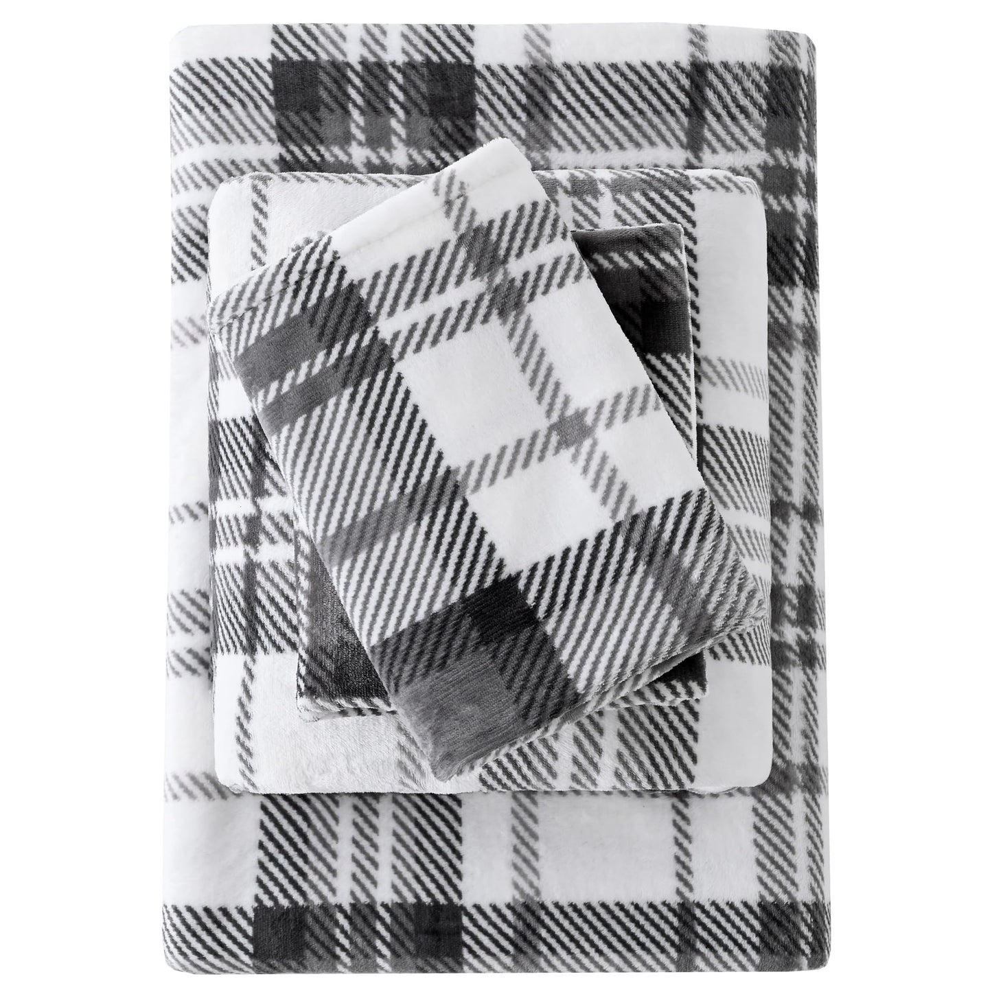 Viviland Plush Micro Polar Fleece Full Bed Sheet Set, Cozy Flannel-Like Velvet/Velour Fitted Sheets with 15" Deep Pocket, Fuzzy Warm Winter Double Sheets & Pillowcase Set, Gray and White Plaid
