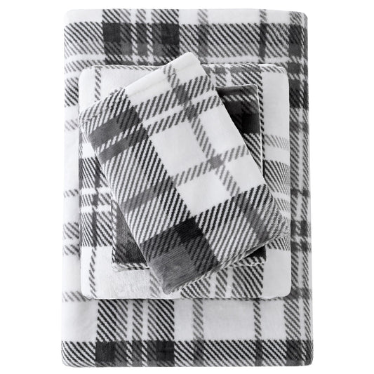 Viviland Plush Micro Polar Fleece Full Bed Sheet Set, Cozy Flannel-Like Velvet/Velour Fitted Sheets with 15" Deep Pocket, Fuzzy Warm Winter Double Sheets & Pillowcase Set, Gray and White Plaid