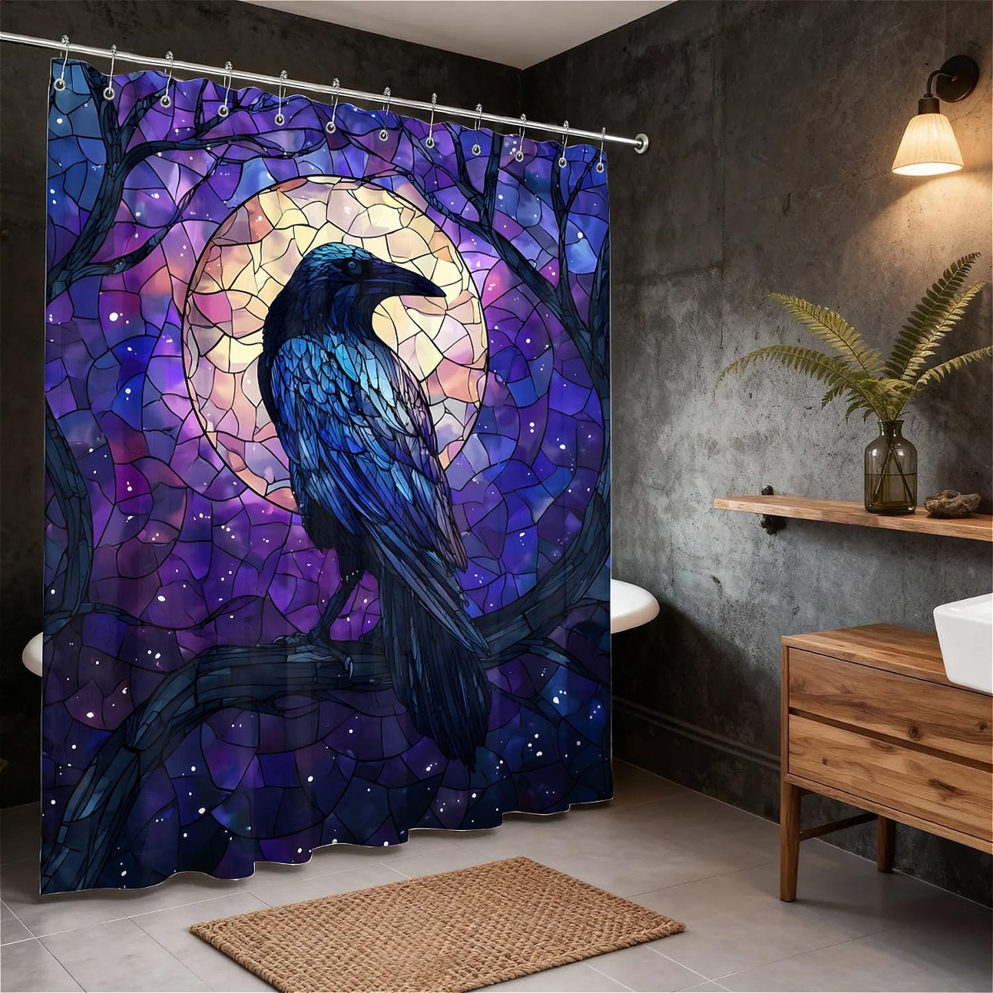 TANGXUNFA Blue and Black Raven Shower Curtain for Bathroom, Water-Resistant Long Shower Curtain Set 72x72 Inch with Metal Grommets and 12 Metal Hooks