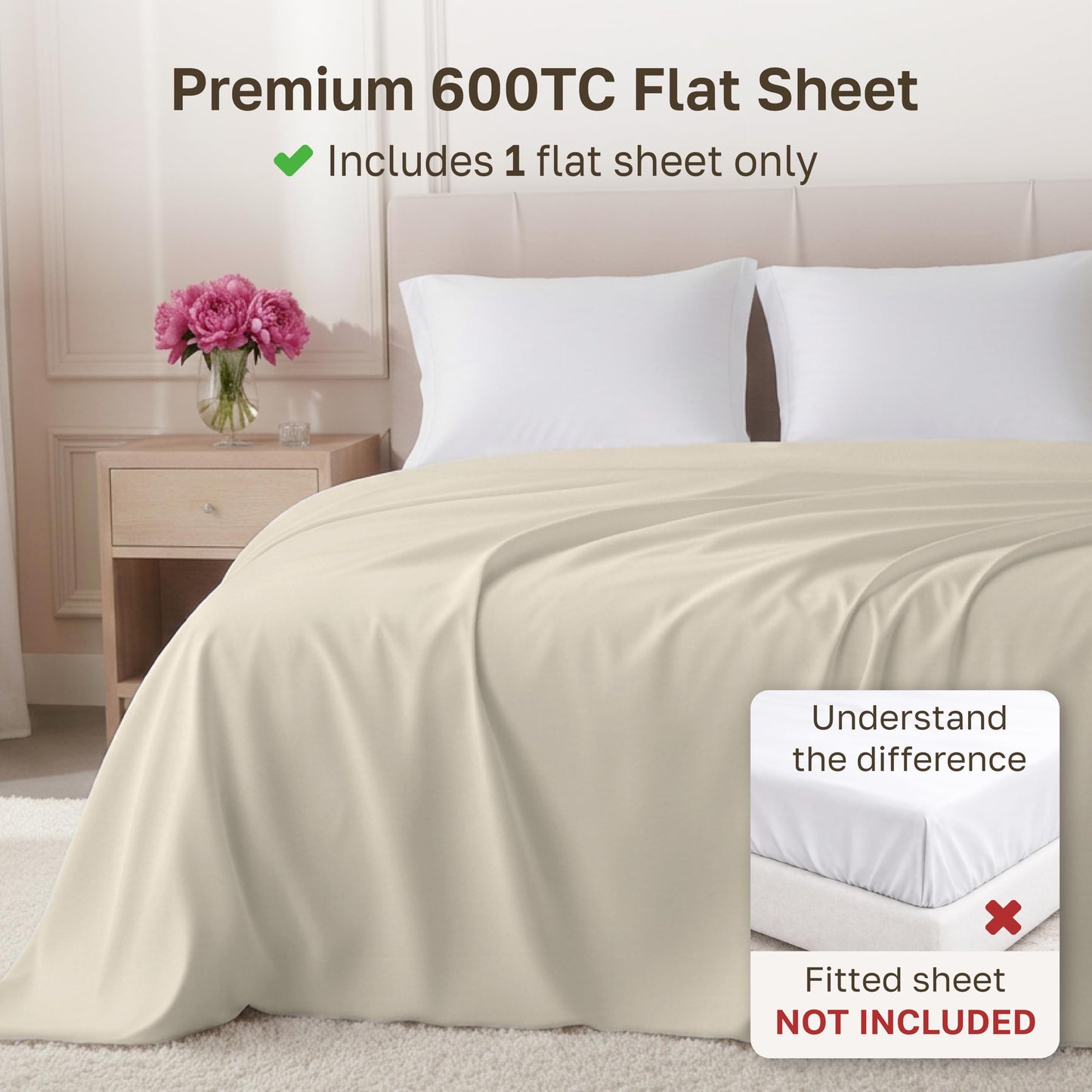California Design Den King Size Flat Sheet Only - 100% Cotton, 600 Thread Count, Soft and Breathable Top Sheet, Sateen Weave, Premium - Cream (Warm Ivory)