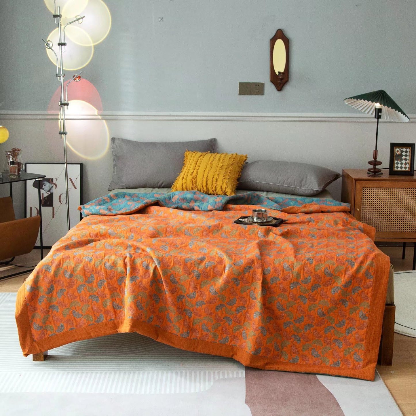 Purefair 100% Cotton Muslin Blanket Jacquard Floral Ginkgo Leaves Quilt, Soft Bed Cover 3 Layers Reversible Bedspread Coverlet Breathable Lightweight Bedding Full/Queen(78"x94"), No Pillow Sham
