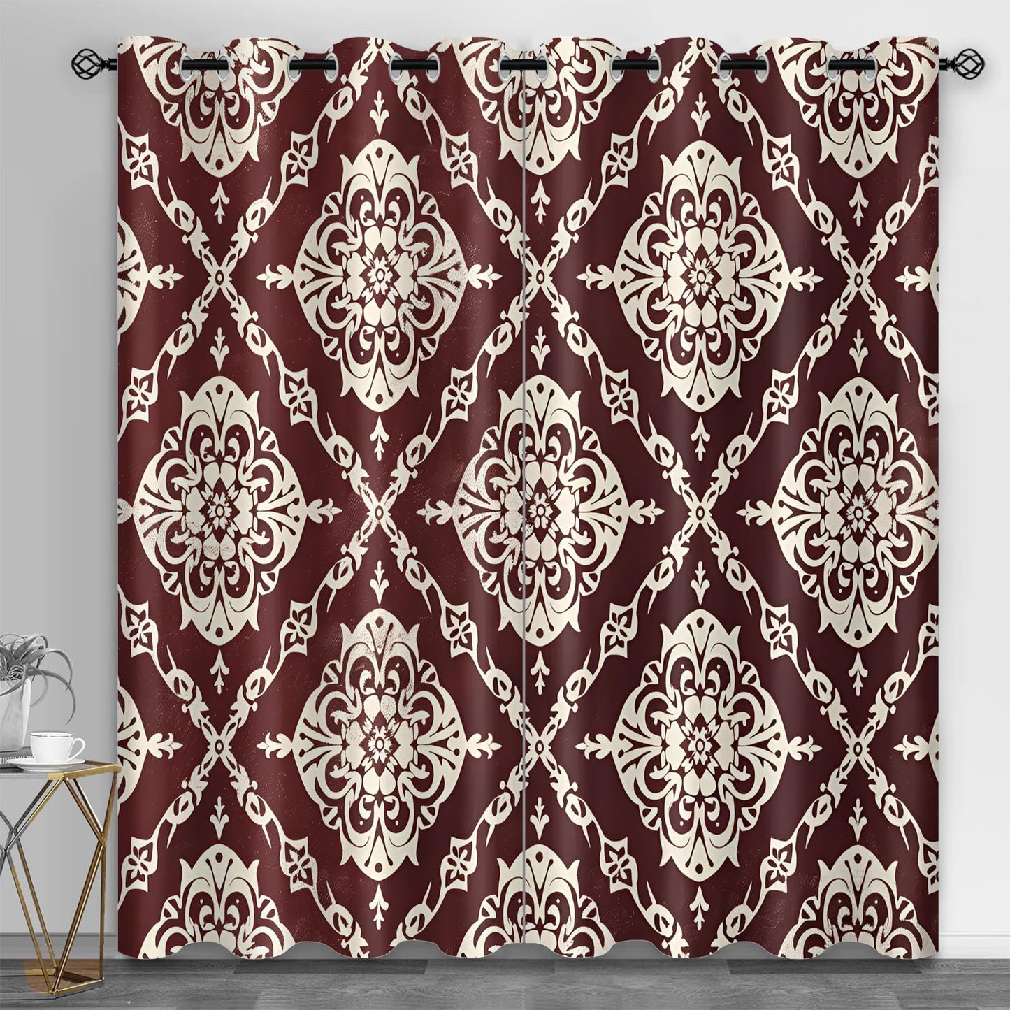 XAFIAUR Floral Blackout Curtains Traditional Patterns Print Curtain, Rhombus Art Drapes for Kids Bedroom Play Room 2 Panels Darkening Grommets Window Treatment 31.5" W x 63" L x2