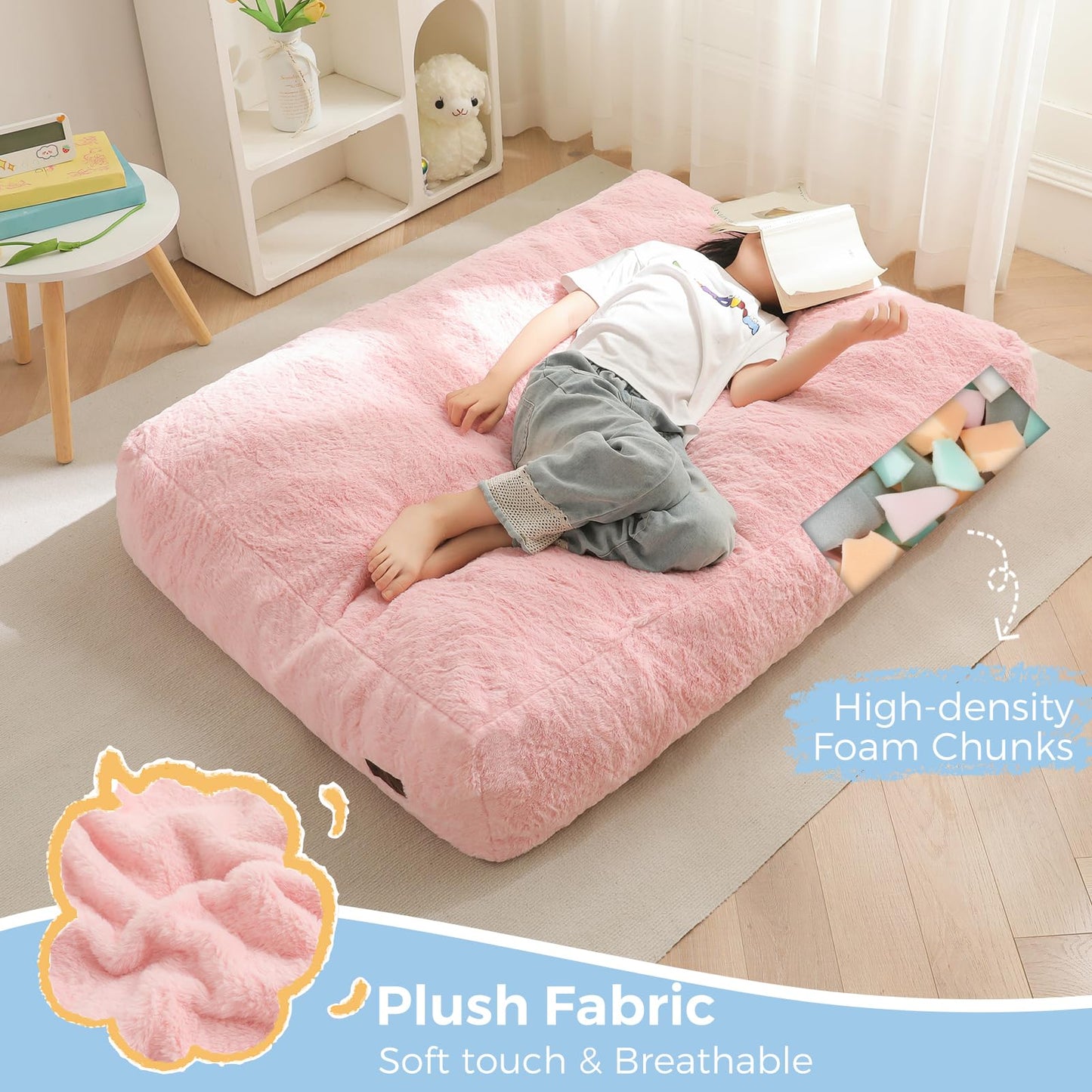 MAXYOYO Bean Bag Chair Bed for Kids, Convertible Bean Bag Folds from Lazy Chair to Floor Bed, Stuffed Floor Sofa Couch Sofa Bed for Boys and Girls, High-Density Foam Filling, Pink