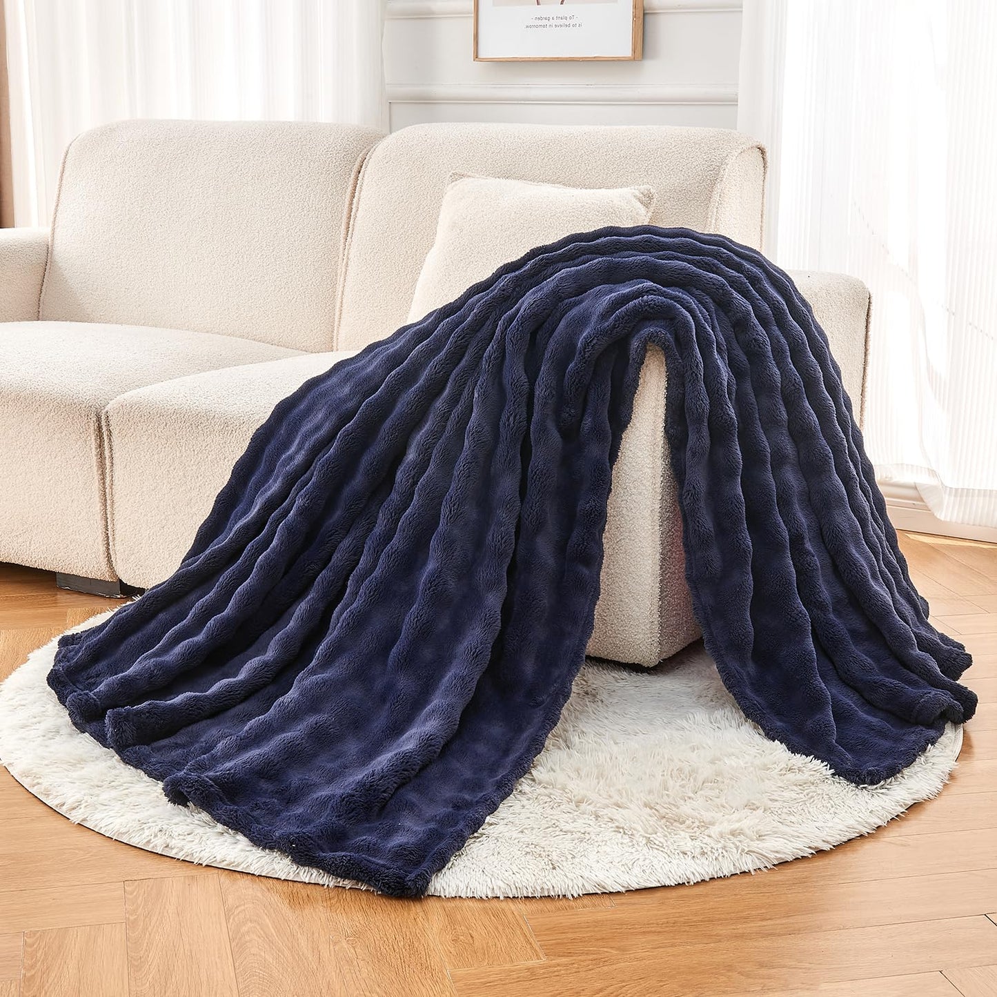 Wajade Soft Fleece Throw Blanket for Couch, 60x80 Inches 3D Bubble Decorative Cozy Fuzzy Flannel Blanket, Lightweight Warm Blanket for Bed Office, Dark Navy