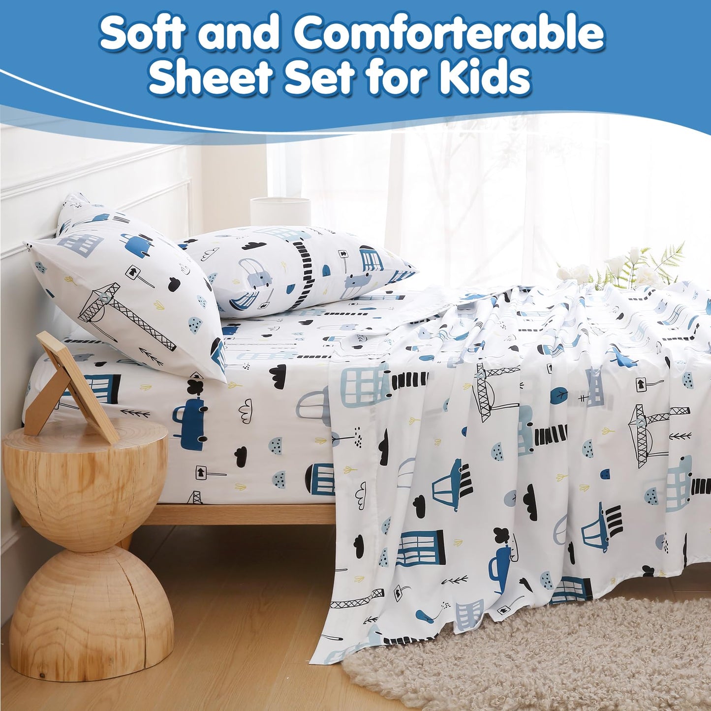 CIMVI Twin Bed Sheets Boys Kids Construction Car Sheet Set 15-Inch Deep Pocket Fitted Sheet Soft Microfiber 3 Pieces Bedding Sets with Pillowcase Fade Resistant Children Room Decor