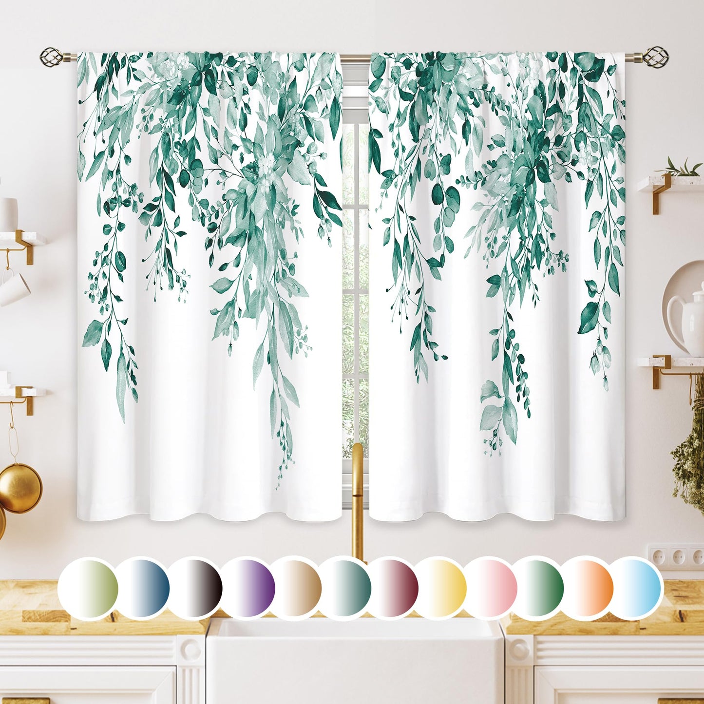 oolygoo Eucalyptus Botanical Leaves Teal Floral Kitchen Window Curtains Over Sink Farmhouse Flower Leaf Small Window Treatment Cafe Short Curtains for Bathroom Treatment Tier Drapes 27.5x39inch
