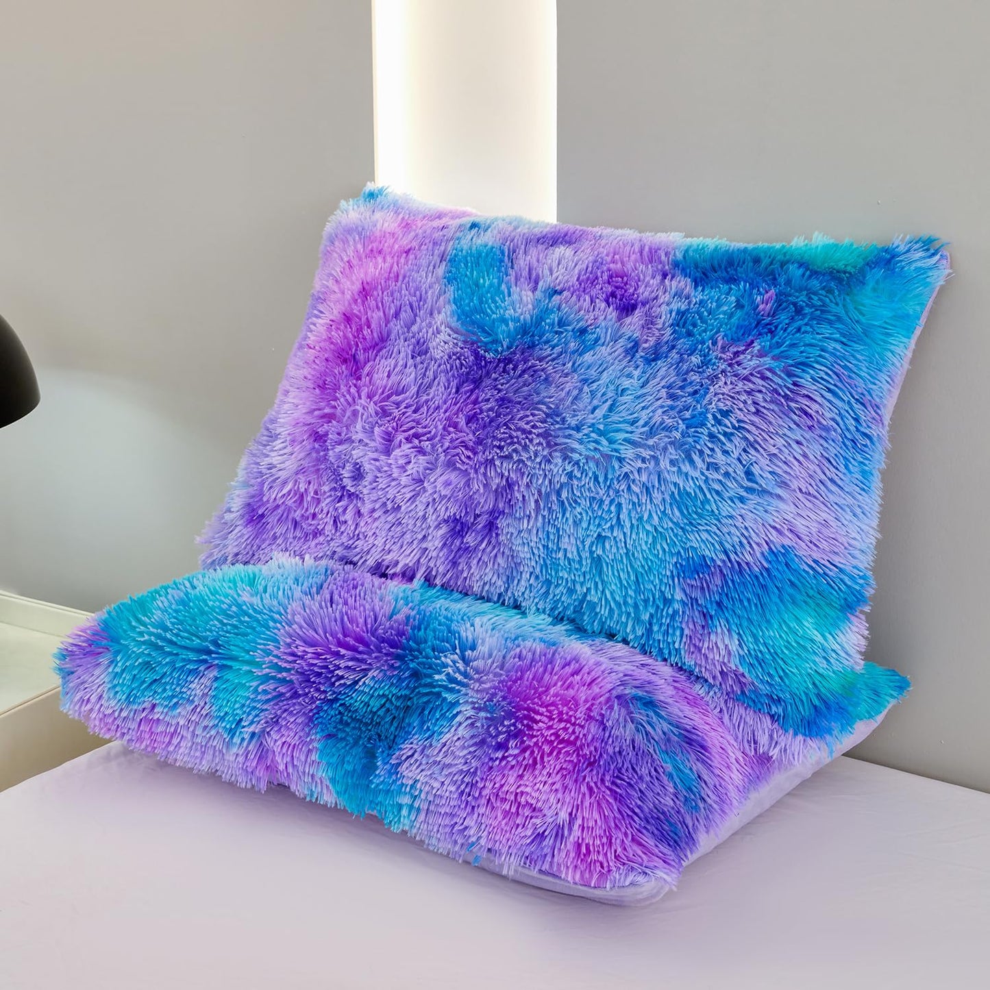 SUCSES Blue Purple Fluffy Twin Bedding Sets for Girls 3Pcs Faux Fur Plush Shaggy Kids Duvet Cover Set Twin Size Tie Dye Velvet Furry Comforter Cover Set