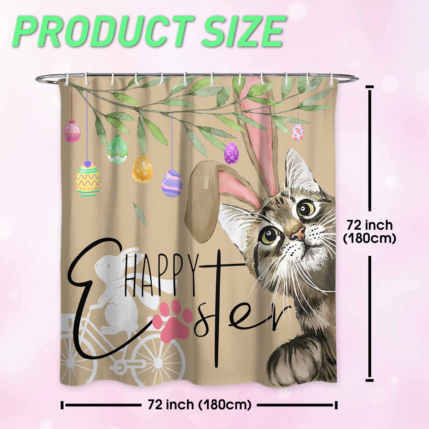 Roszwtit Happy Easter Shower Curtain, Easter Cat Bunny Shower Curtains for Bathroom, Spring Easter Eggs Home Decor Waterproof Fabric with Hooks 72x72 Inch