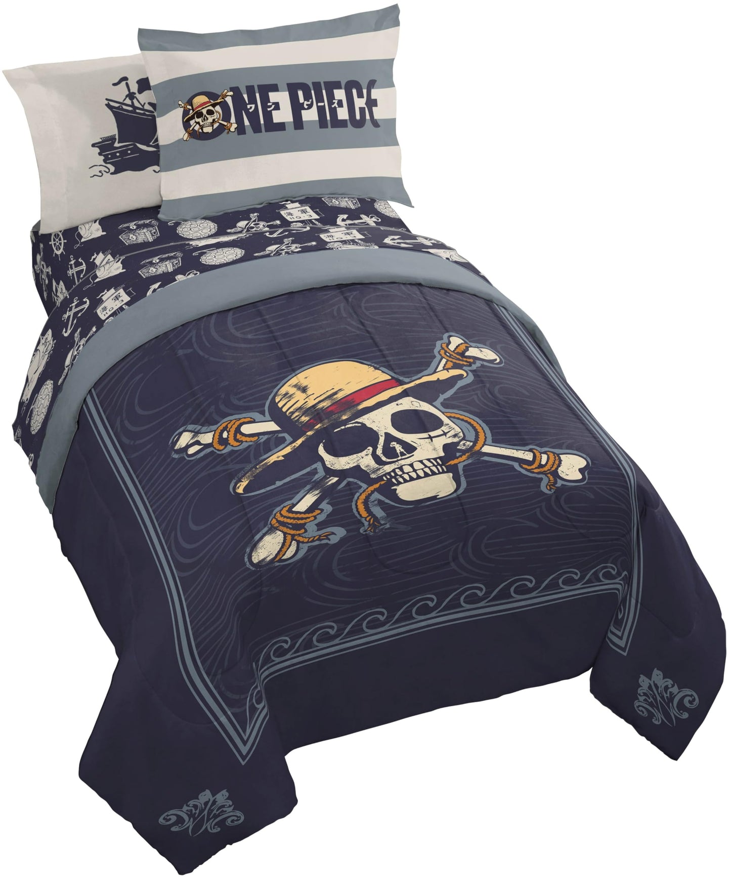 Jay Franco One Piece Twin Size Comforter Set - 5 Piece Blue Bedding Includes Sheet Set & Pillow Covers - Super Soft Anime Bedding with Skull and Bones