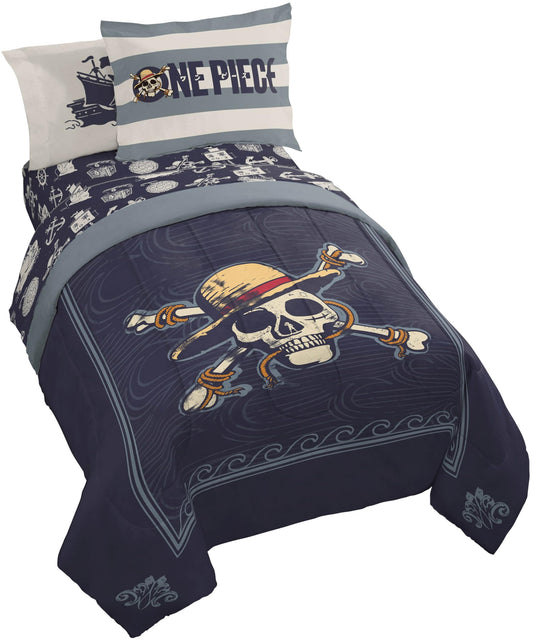 Jay Franco One Piece Twin Size Comforter Set - 5 Piece Blue Bedding Includes Sheet Set & Pillow Covers - Super Soft Anime Bedding with Skull and Bones