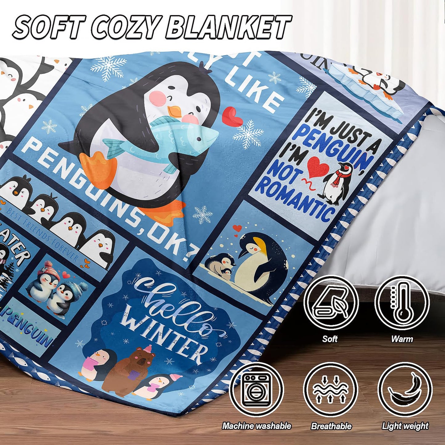 XSMEI Penguin Throw Blanket, Cute Animal Collage Design, Soft Cozy Fleece Blanket for Couch Bed, 60 x 80 Inches