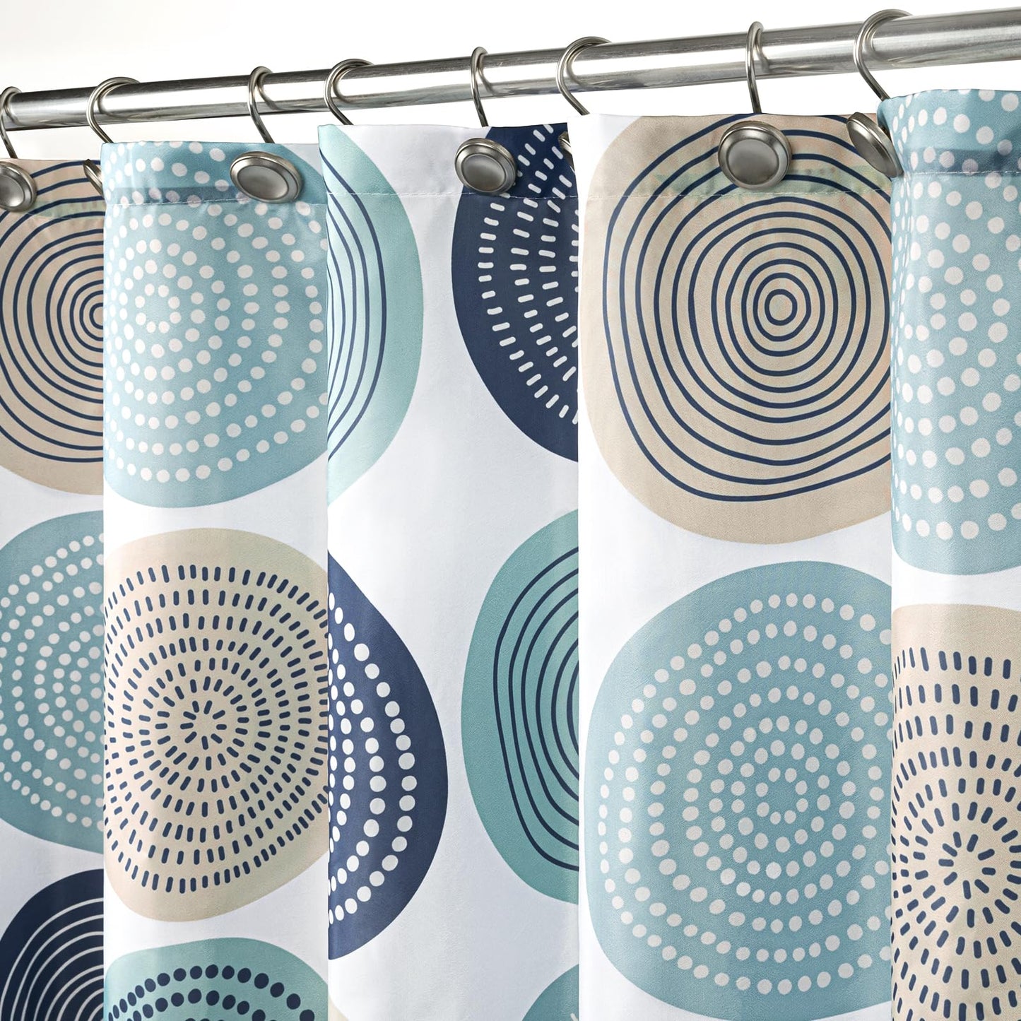 Sunlit Abstract Tree Rings Woody Artistic Fabric Shower Curtain. Nature Pale Blue Teal Beige Light Brown