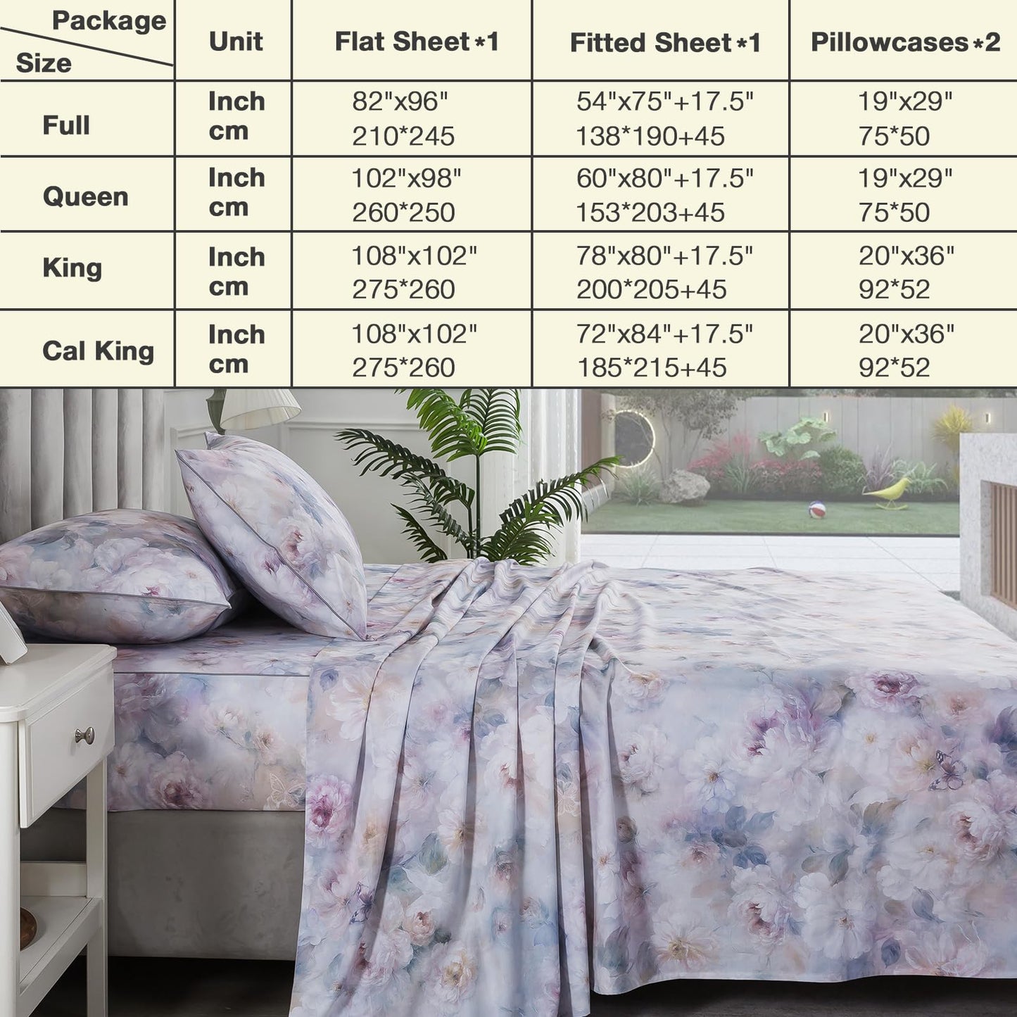Puralens Purple Floral Percale Sheets Queen, 100% Cotton Soft Crisp Vintage Flower Bed Sheets, Butterfly Patterned Deep Pocket Aesthetic Farmhouse Sheet Set, Luxury Garden Toile Bedding, 4Pcs