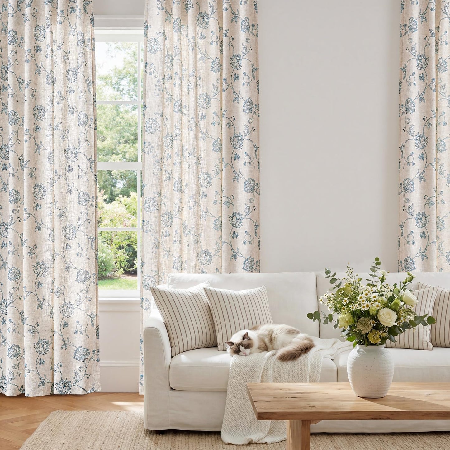 jinchan Linen Curtains Floral Curtain 84 Inch Length for Living Room Bedroom Light Filtering Rod Pocket Back Tab Jacobean Curtains Flax Linen Texture Window Drapes Set 2 Panels Blue on Linen