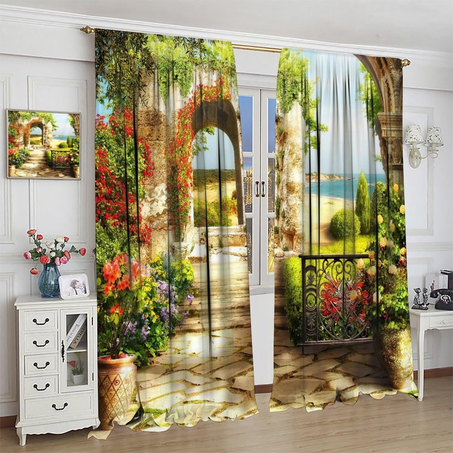AuiMzoo Beautiful Landscape Decor Curtains, Old Stone Arch Seaview Balcony Garden Botanical Art Theme for Bedroom Living Room Curtains42X45 Inch