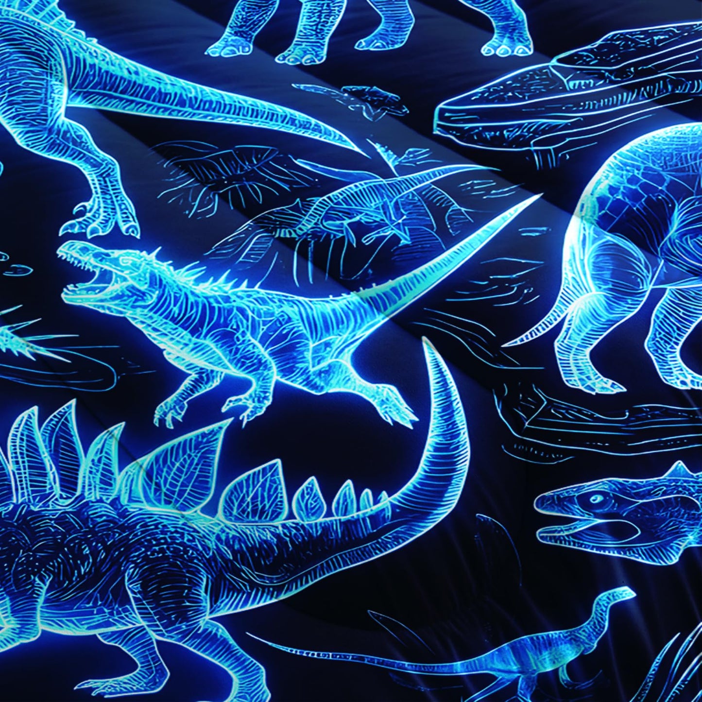 AILONEN Neon Blue Dinosaur Queen Comforter Set, 3D Holographic Skeleton Microfiber Quilt, All Season Fossil Adventure Bedding for Guestroom Home Styling, 1Quilt+2Pillowcases