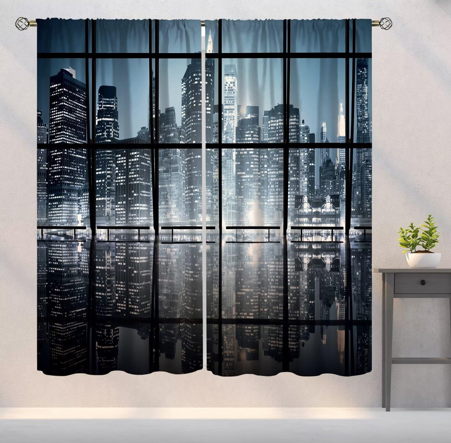YSWOW City Landscape Blackout Curtains Modern New York City Scenery Night Skyscrapers Art Printed Window Drapes for Bedroom Living Room Decor Fabric 2 Panels 42x45 Inch 30% Shading Rate