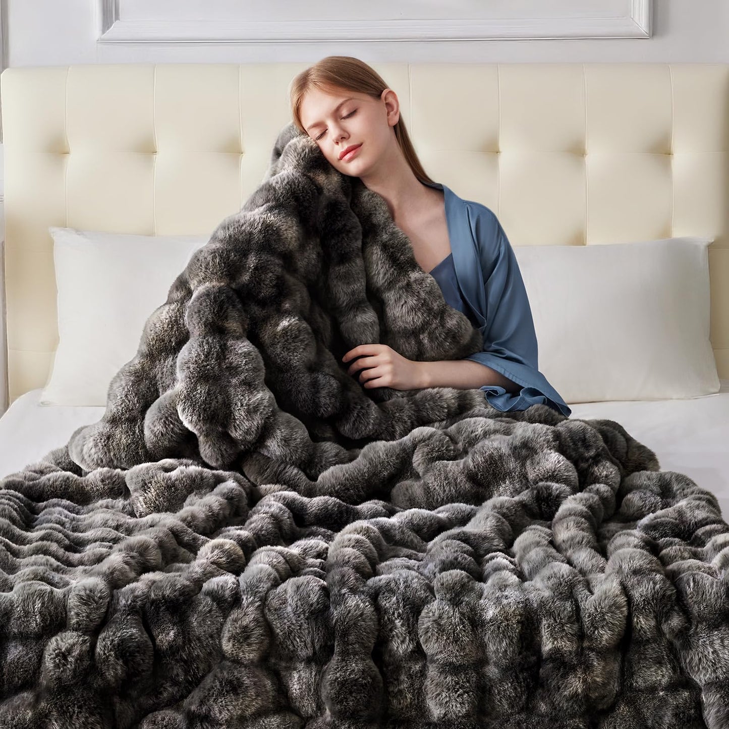 Anysay Faux Fur Throw Blanket, 1000GSM Fluffy Soft Bubble Blanket for Couch Bed, Cozy Plush Warm and Thick Blanket, Fuzzy Rabbit Throw for Living Room Bedroom 50''*60'' Tie-dye Grey