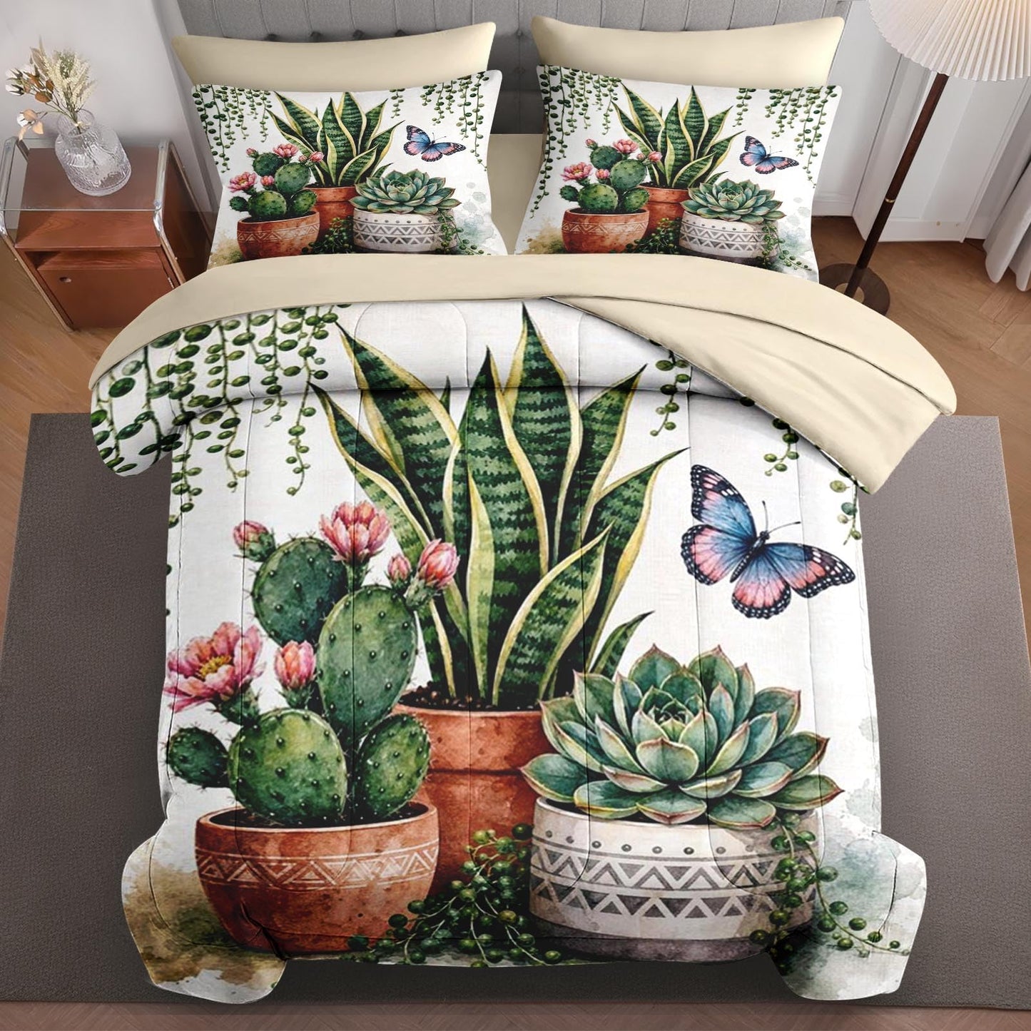 Boewywh Comforter Set Twin Size Boho Cactus Plant 7 Pcs, Bedding for Kids and Adults, Bed Sheet Sets with Fitted Sheet 2 Pillowcases & 2 Shams for Bedroom Bed Decor