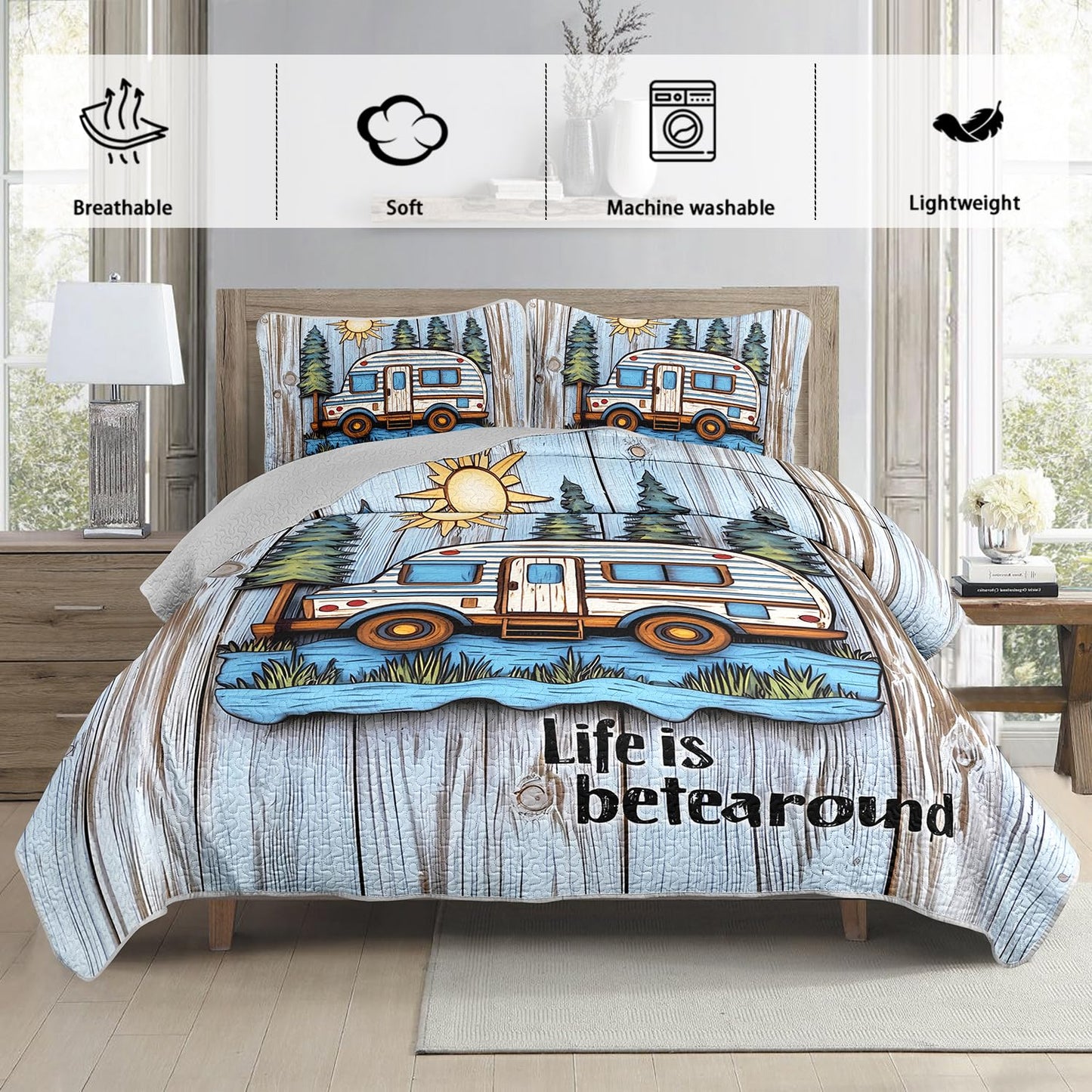 UEVBF Camping Travel Trailer Bedding Queen Quilts for Bed,Retro Bedding for Kids Boys Girls Happy Camper Decor,Outdoor Camping Themed Quilt Sets with 2 Pillowcases.