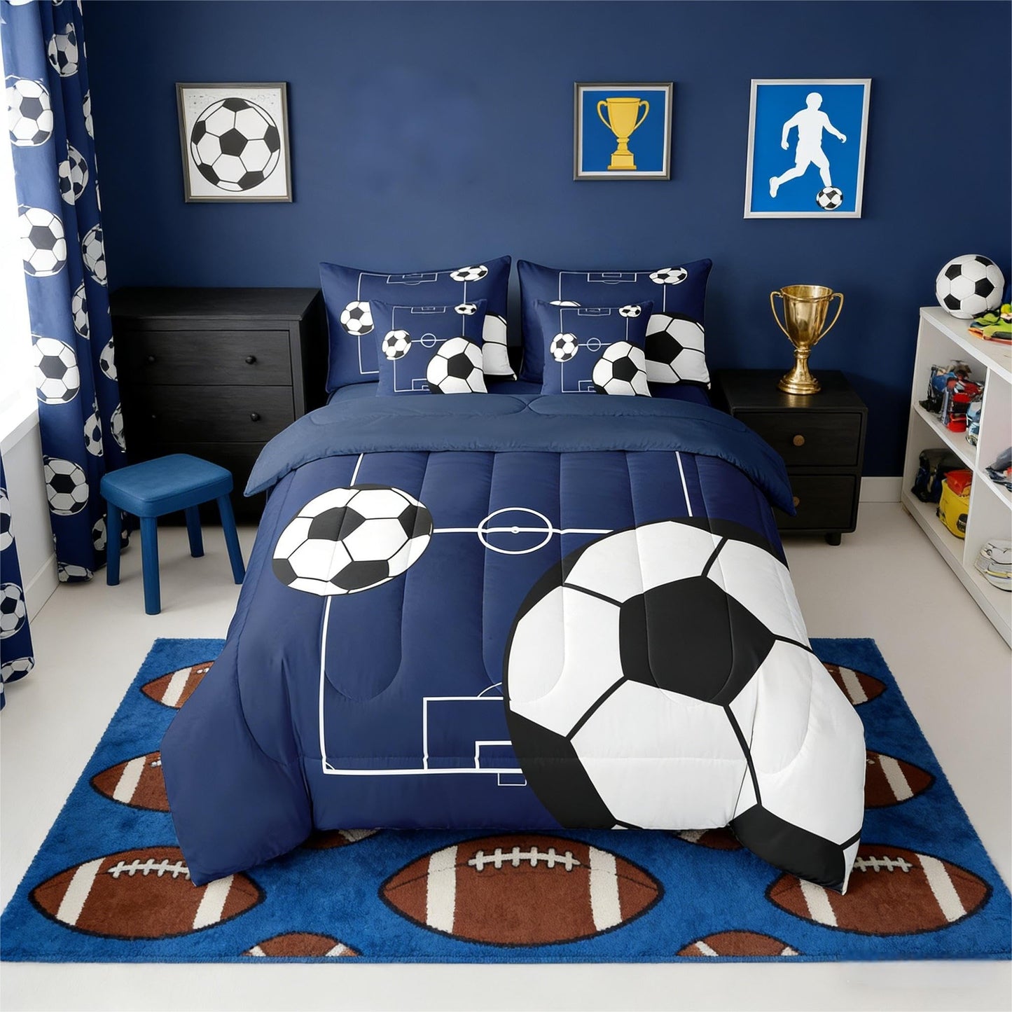 Erosebridal Football Bedding Set Full Size 7 Pieces Boys Sports Theme for Teens Soccer Ball Pattern Bed in a Bag Football Court Comforter Set with Sheets Playground Blue White for Kids Girls