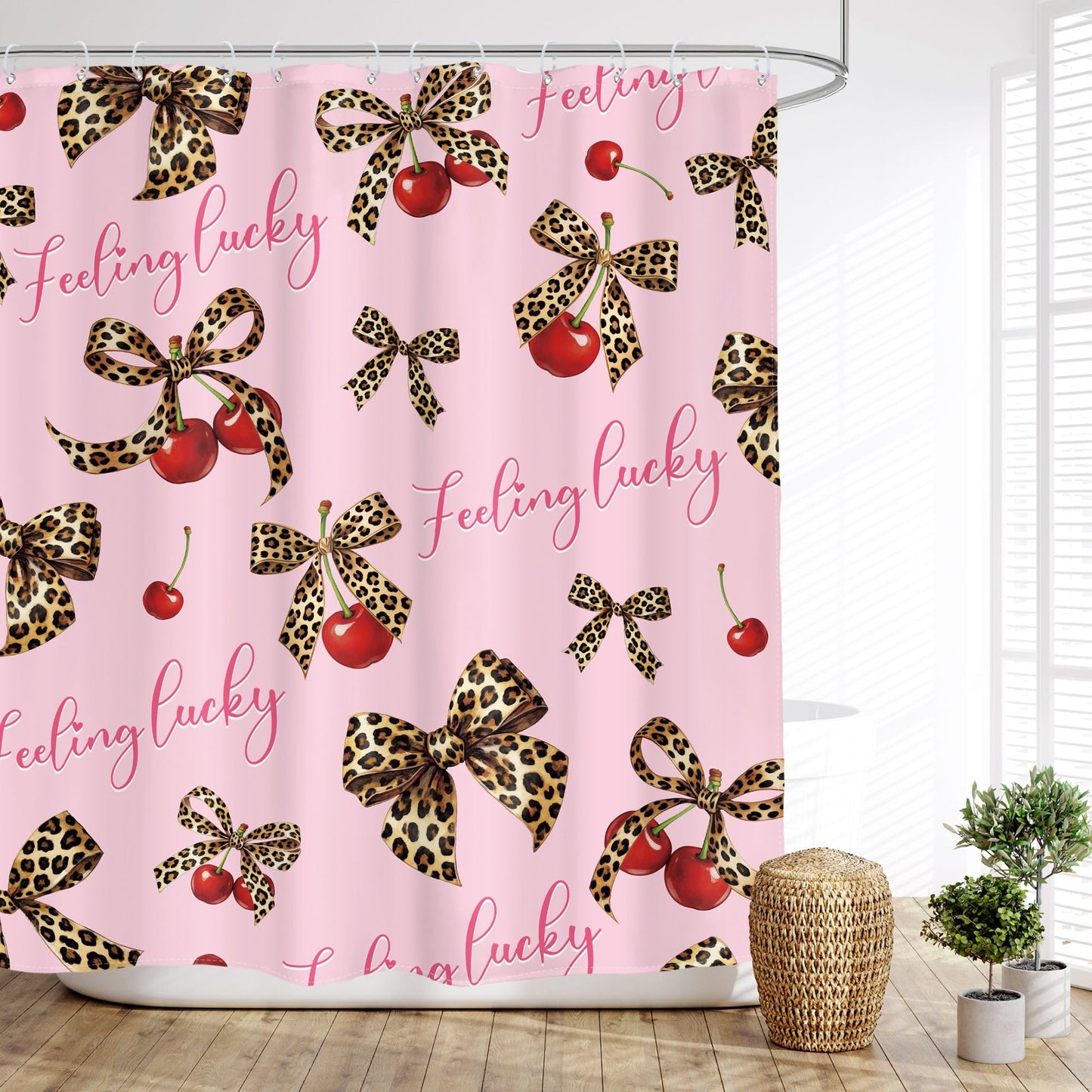Glawry Pink Leopard Shower Curtain Trendy Cherry Bow Coquette Preppy Y2k Cheetah Print Girly Aesthetic Cute Fashion Bathroom Retro 60Wx72L Inches Bath Accessories Art Home Decor Fabric 12 Pack Hook