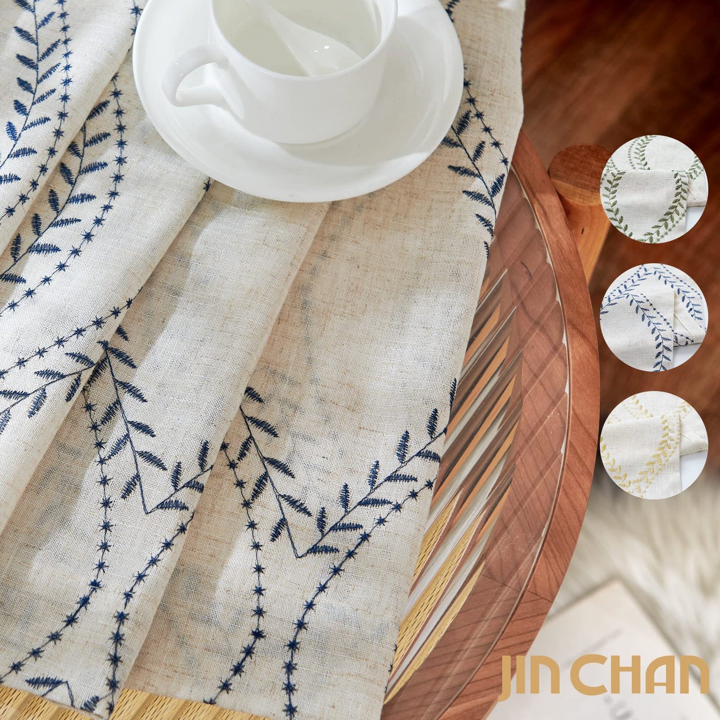 jinchan Boho Linen Blend Beige Farmhouse Curtains 84 Inch Length 2 Panels Set Blue Embroidered Leaf Living Room Ogee Geometry Drapes Light Filtering Curtains Grommet Blue on Flax