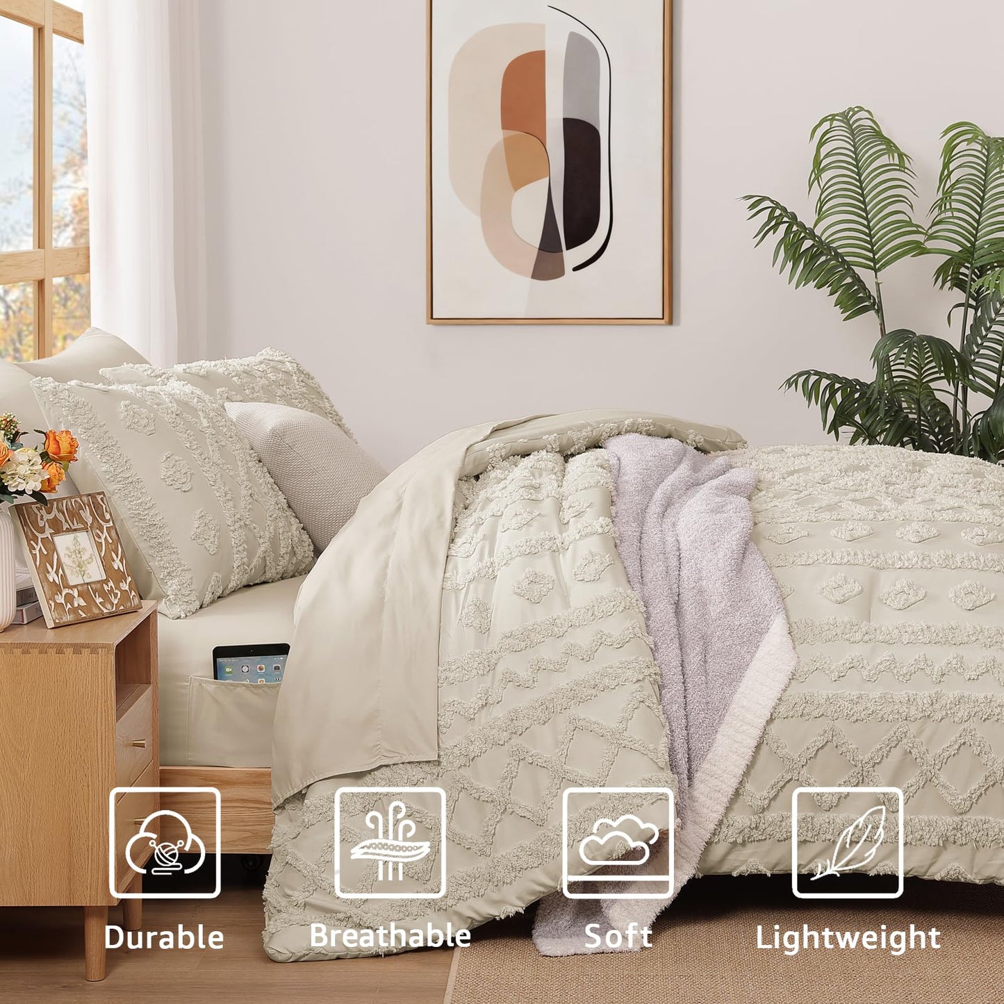 WRENSONGE Queen Size Comforter Set with Sheets - 7 Pieces Beige Tufted Bed in a Bag Queen Shabby Chic Bedding Sets with 1 Comforter, 2 Sheets, 2 Pillowcases & 2 Shams