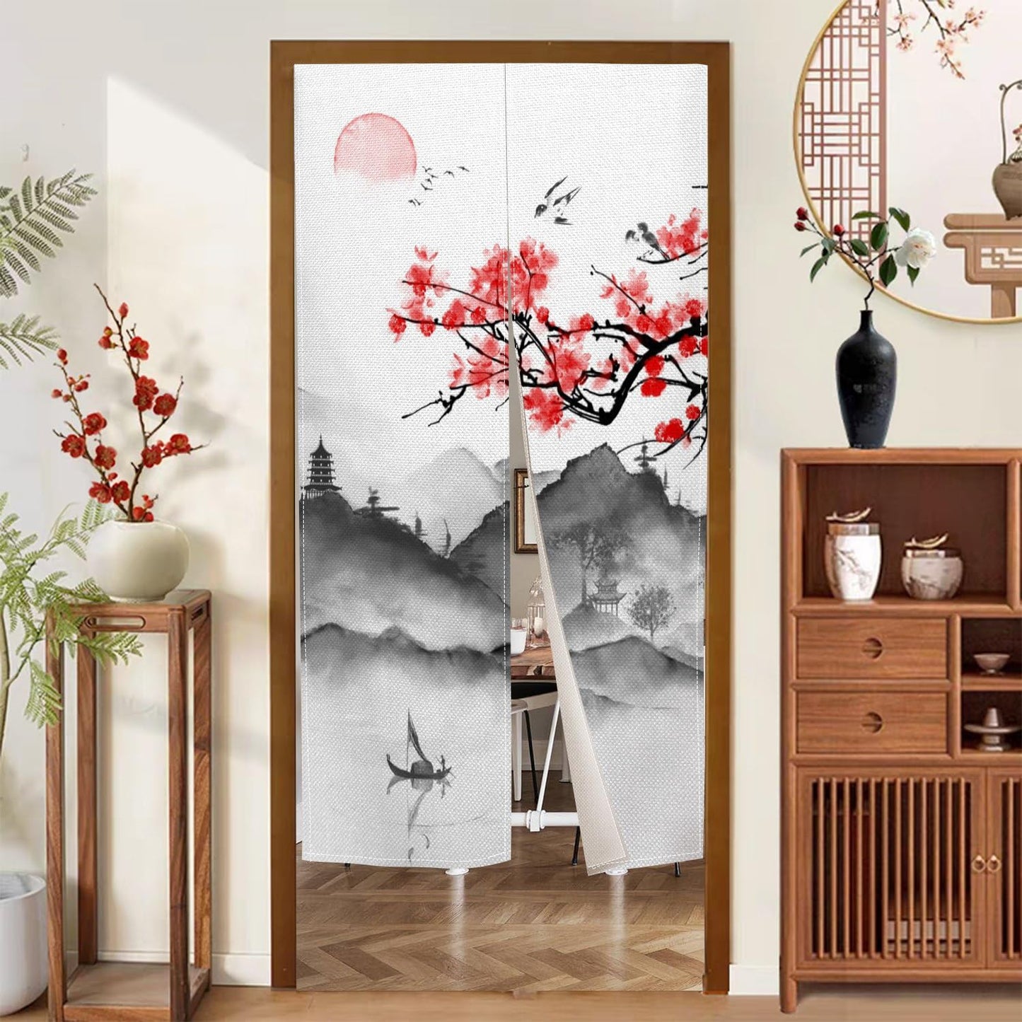 Leowefowa Japanese Noren Doorway Curtain Door Tapestry Traditional Chinese Cherry Blossoms Ink Mountain Painting Kitchen Door Curtains Hanging Room Divider Hallway Bathroom Home Decor, 33.5"x 70.9"