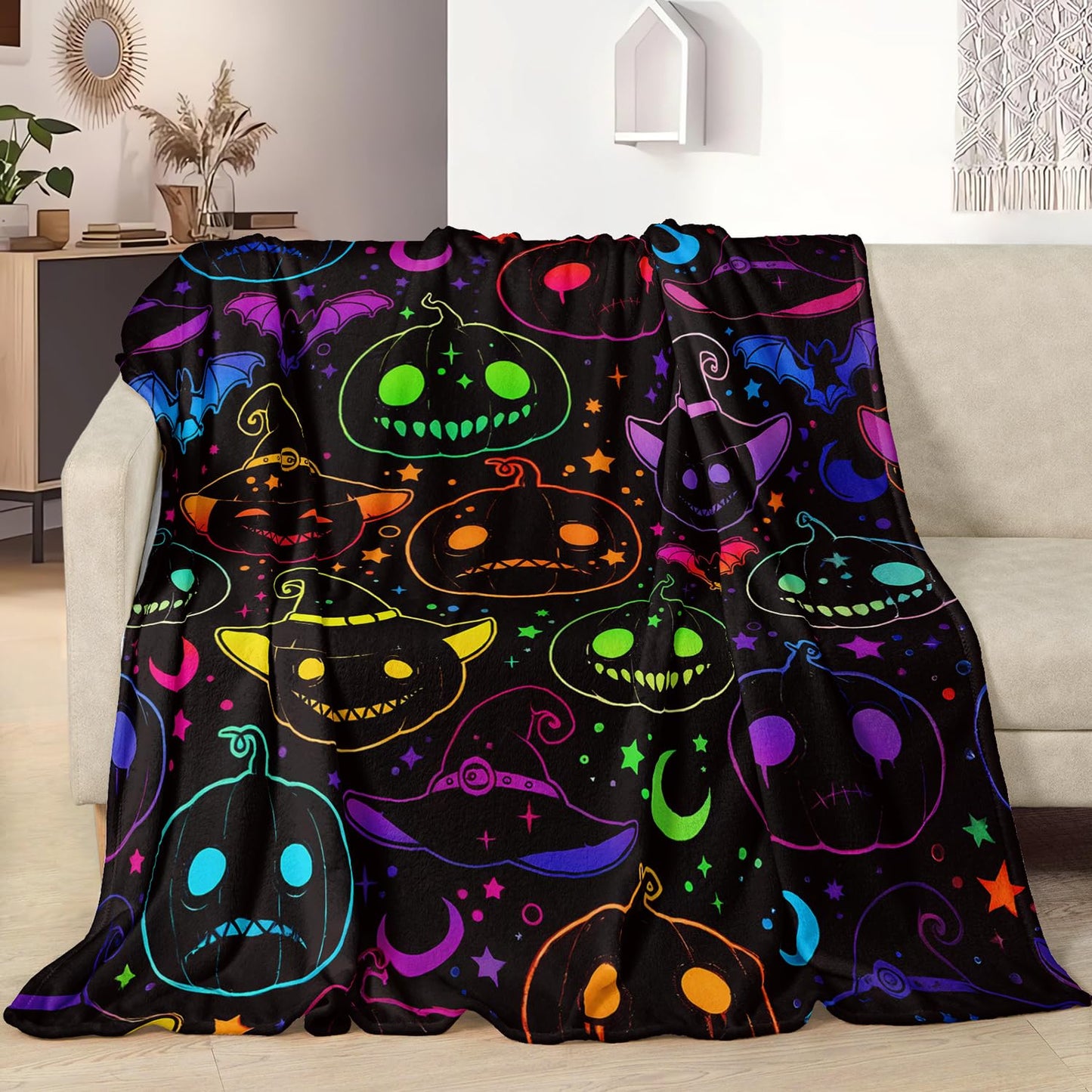 HOSIMA Halloween Blanket,Different Pumpkin Heads Print Warm Cozy Flannel Fleece Blanket for Boys Girls Couch Bedroom Decor,Fun Halloween Pumpkin Decorations,59L*47W.