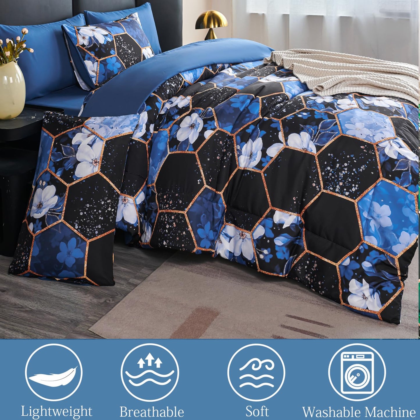 ANGIYUIN 7 Pieces Blue Black Full Size Bedding Sets Marble Comforter Set White Floral Bedding Comforter Sets Gold Geometric Bed in A Bag with Sheets for Women Men