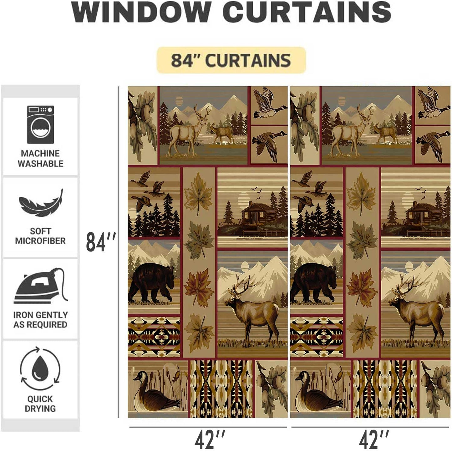 MIZSYE Retro Rustic Blackout Curtains Wildlife Bear Deer Farmhouse Chalet Snowy Mountain Plaid Window Drapes Insulated Blackout Privacy Curtain for Bedroom Living Room Dining Room 2Plates 42x84inch