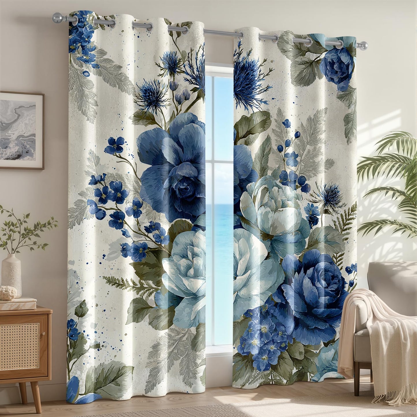 Peony Curtains 63 Inch Length 2 Panels Set, Vintage Farmhouse Blue Rose Floral Botanical Patterned Blackout Curtains for Bedroom Living Room, Thermal Insulated Room Darkening Grommet Drapes