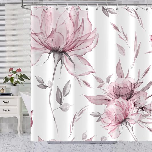 Aeyadis Pink Grey Watercolor Floral Shower Curtain, Flower Leaves Minimalist Aesthetic Art Shower Curtains for Bathroom Sets Decor, Waterproof Polyester Cloth Fabric with 12 Hooks,72x72 Inch