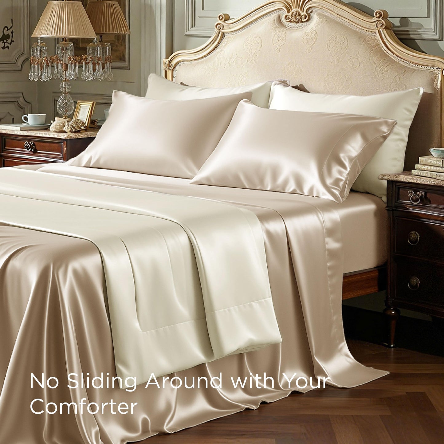 Bedsure Satin Sheets Full Size - 4 Piece Silky Bedsheets with 15 Inches Deep Pocket Fitted Bedsheet,1 Flat Sheet, 2 Satin Pillowcases, Good for Hair & Skin (Full, Champagne)