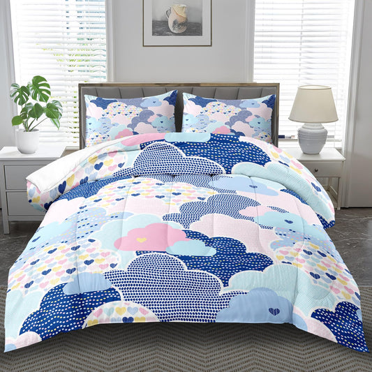 llyxsesty Cloud Comforter Set Queen,Kawaii Colorful Comforter for Boys Girls,Blue Cloud Bedding Set Queen,Cute Love Heart Colorful Bedding,Rainbow Bedroom Decor for Girls,Kawaii Love Heart Spot Quilt