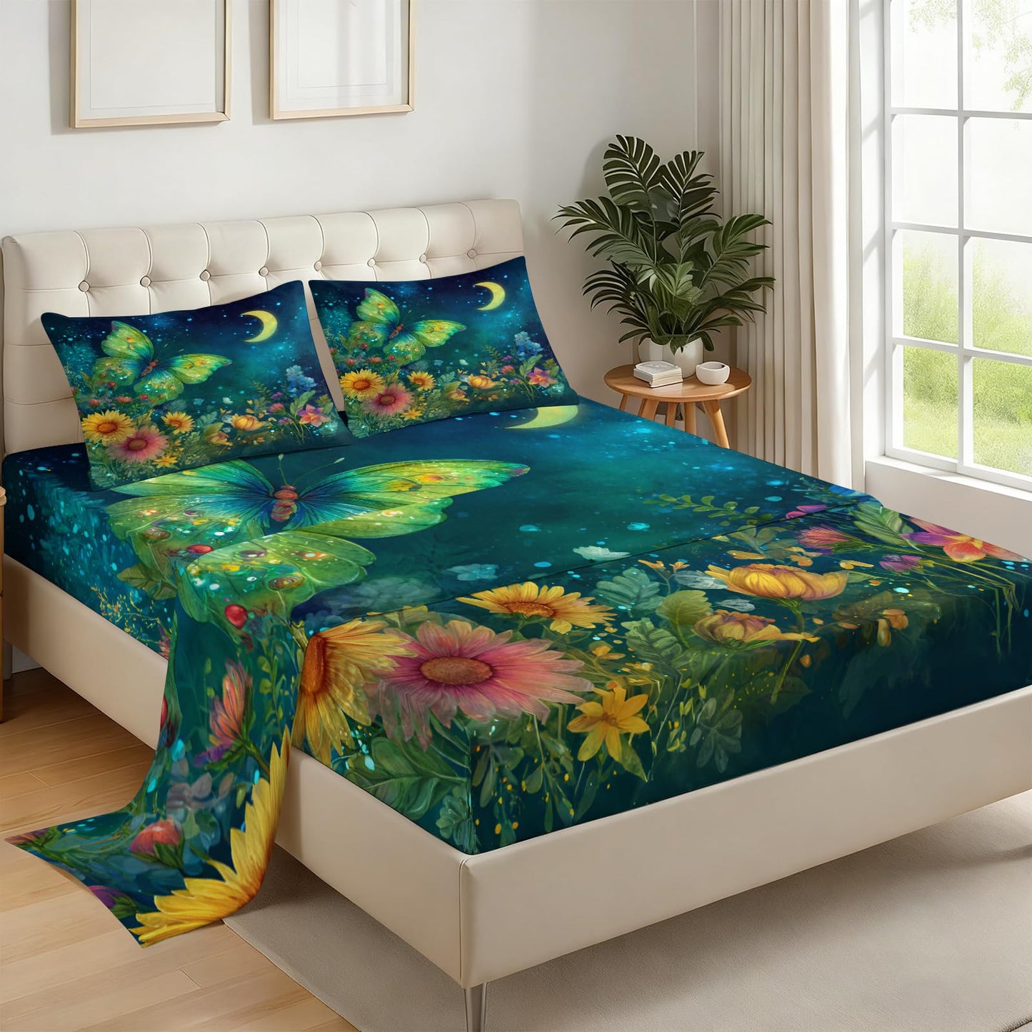 ZAOMIR Dreamy Butterfly Floral Bed Sheets Set King for Kids Teen, Night Sky Moon Butterfly Sheet Set 4 Pcs for Girls Women, Flowers Botanical Sheets with Fitted & Flat Sheet & 2 Pillowcases