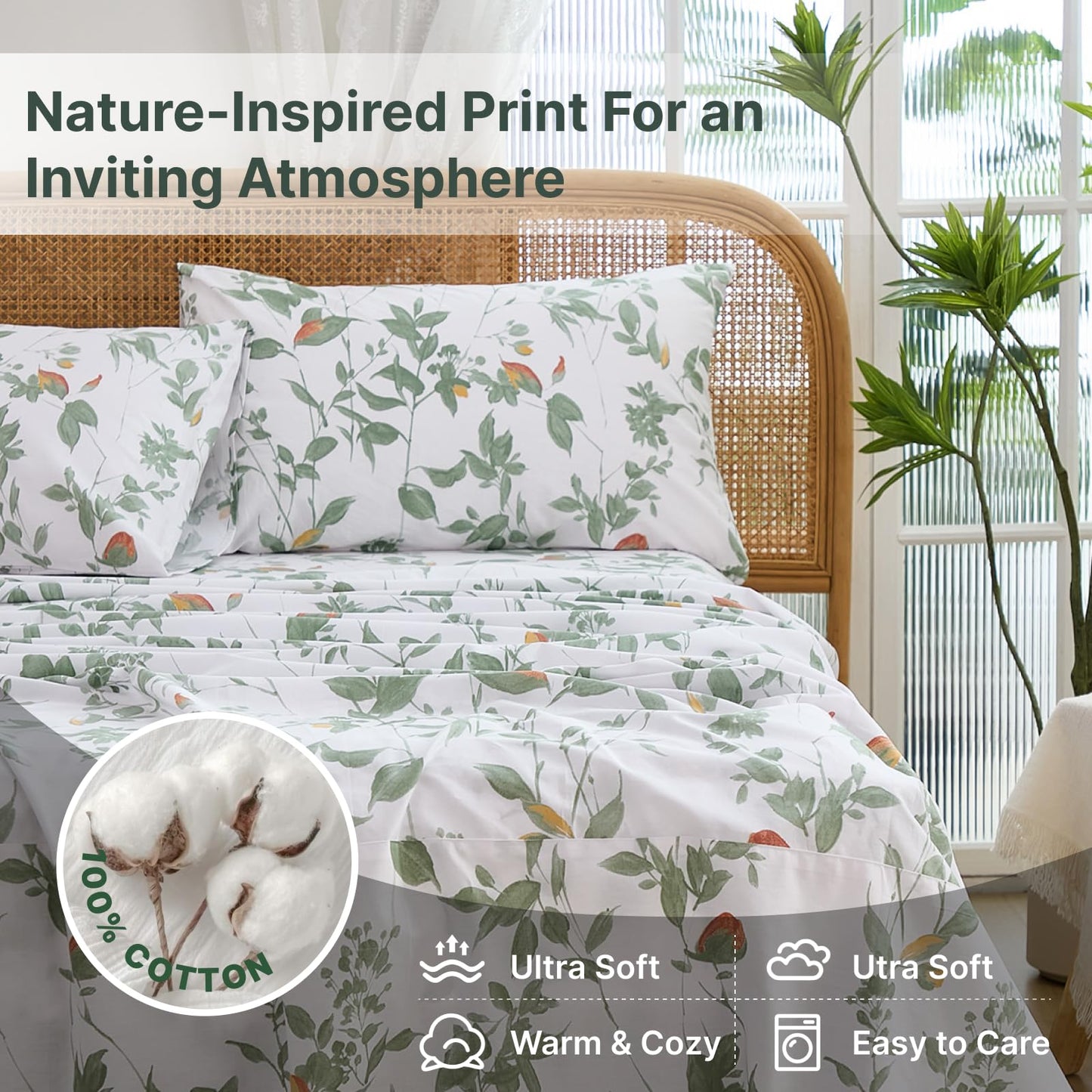 Cozaline 100% Cotton Sheets Set King Size – 4 Pieces Luxury Breathable Percale Cotton Bedding with Deep Pockets, Crisp Cool Feeling, Soft&Durable, Refined Botanical Elegance, Green Floral Bed Sheets
