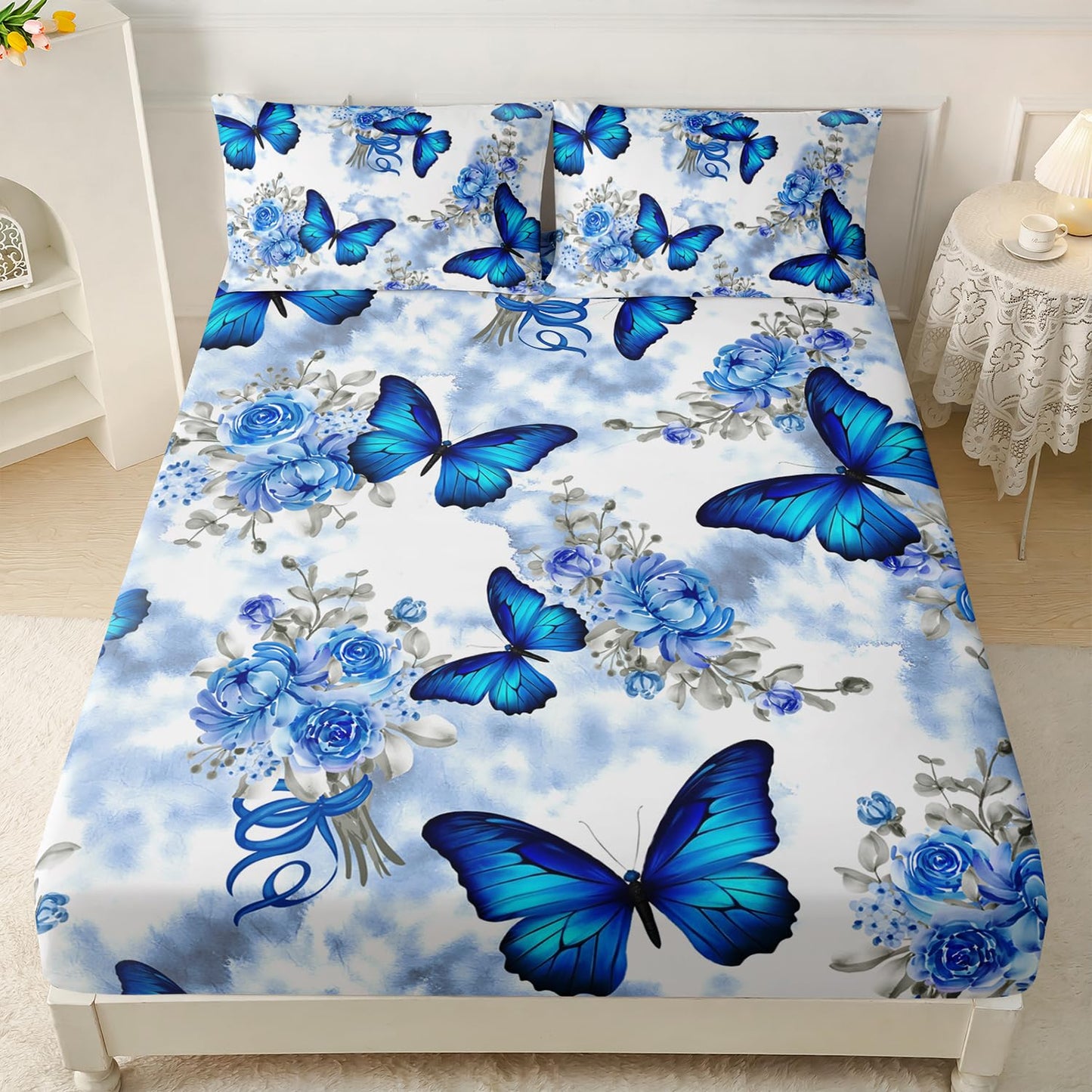 AILONEN Blue Butterfly Fitted Sheet Set for Girls, Twin Size Tie Dye Floral Butterfly Bed Sheet Set,Soft Microfiber Kids Women 3-Piece Breathable Fitted Sheet with 2 Pillowcases